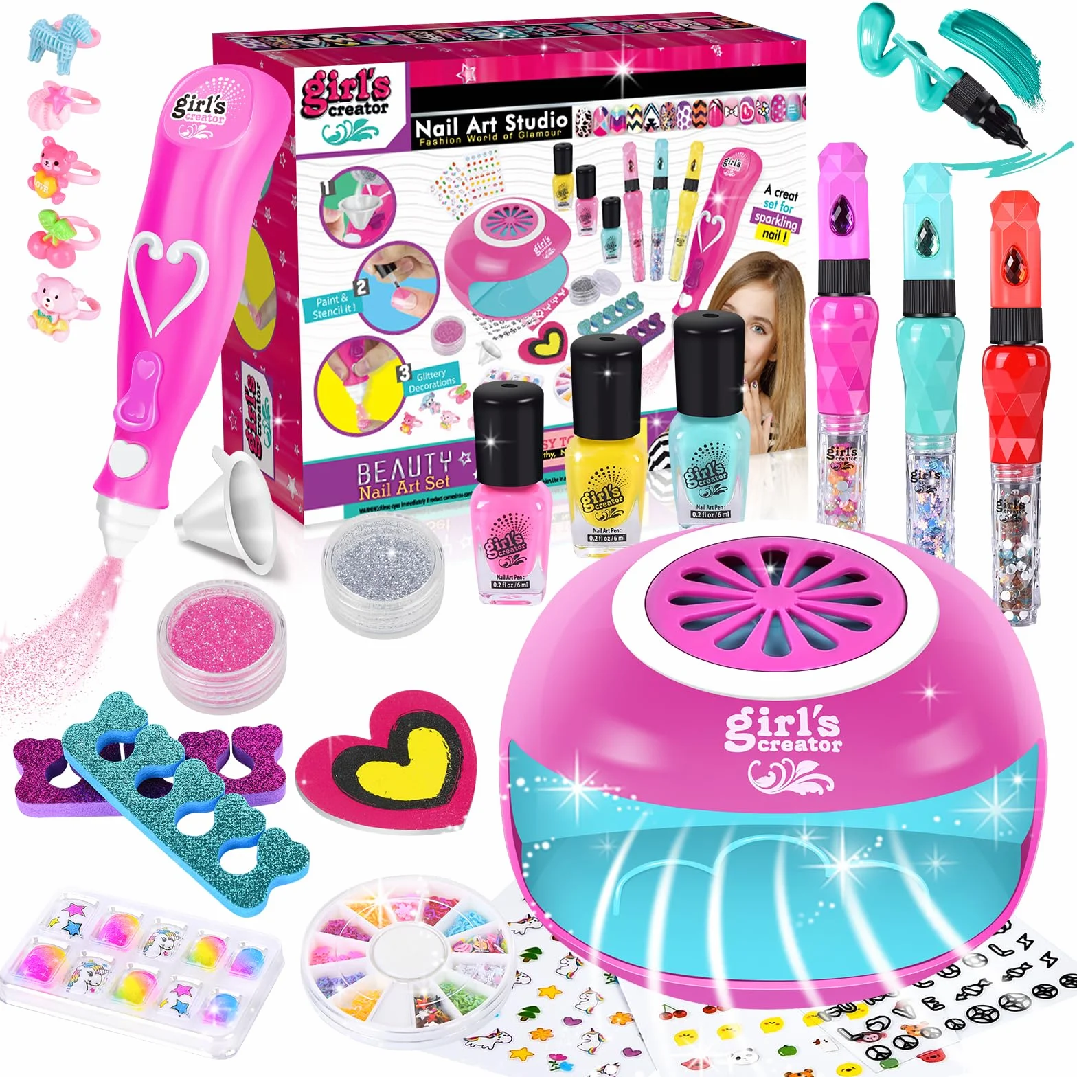 Herenear Set Manicura Niñas, Esmalte de Uñas Secador de Uñas, Juguetes Kit Uñas Niñas, Pegatinas de Uñas Juego Cumpleaños Regalo para Niños Niñas 5 6 7 8 9 10 11 12 Años