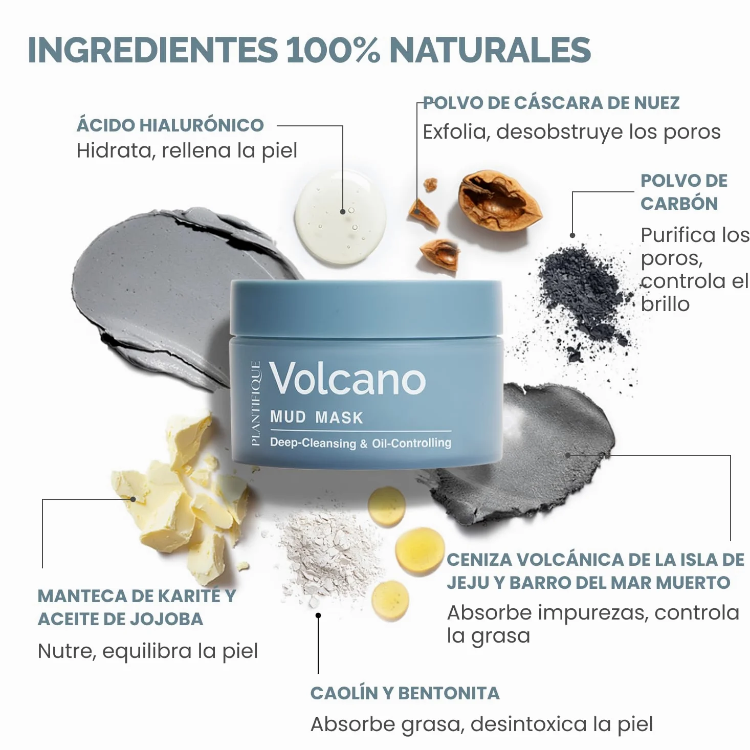 PLANTIFIQUE Mascarilla Facial Coreana Arcilla Volcánica y Mar Muerto – Mascarilla Rostro Carbón, Ácido Hialurónico, Aceite de Jojoba y Manteca de Karité – Purifica, Refina Poros, Hidrata y Calma, 110g