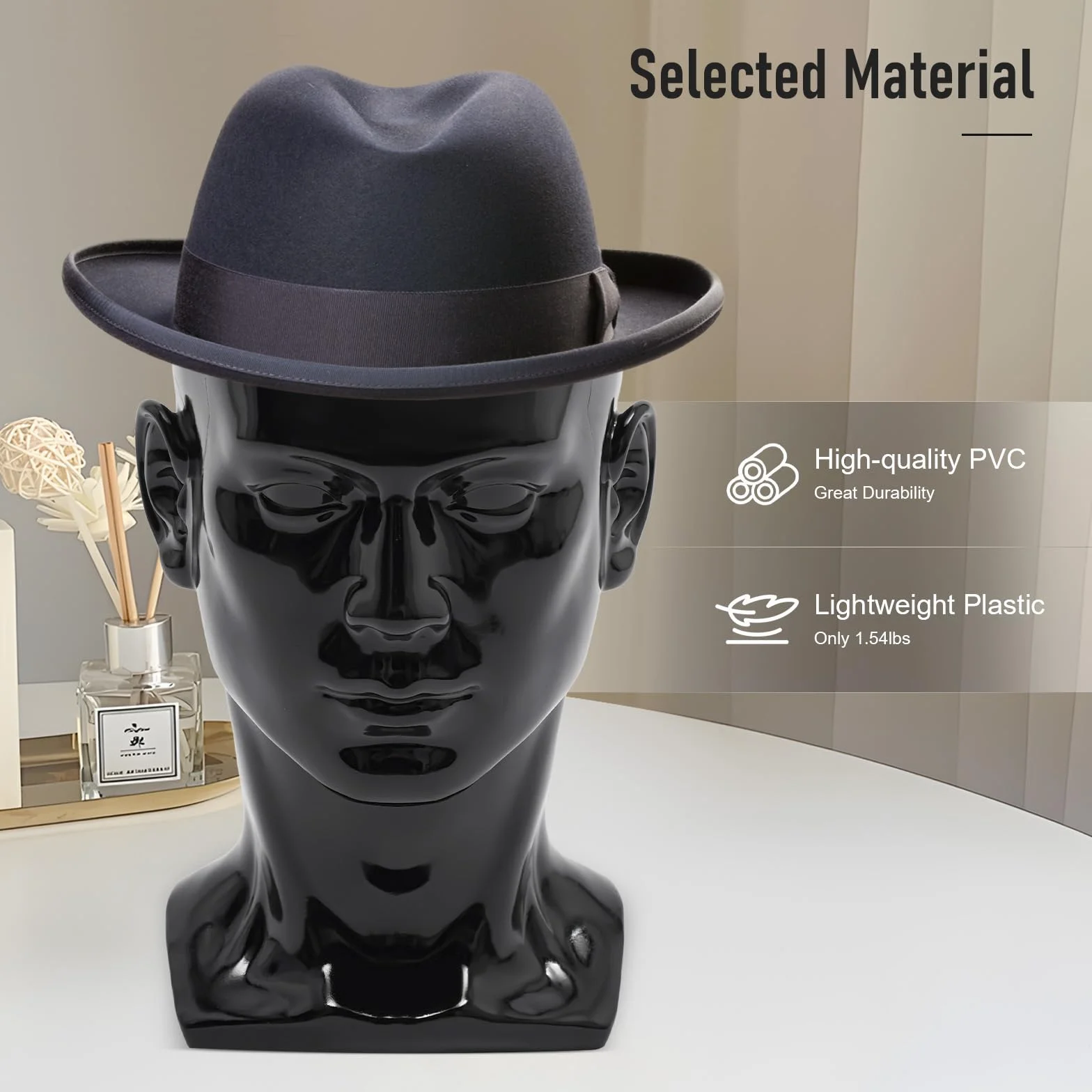 Cabeza masculina de PVC para peluca, cabeza decorativa, maniquí, sombreros y gafas, 50 x 30 cm, negro claro