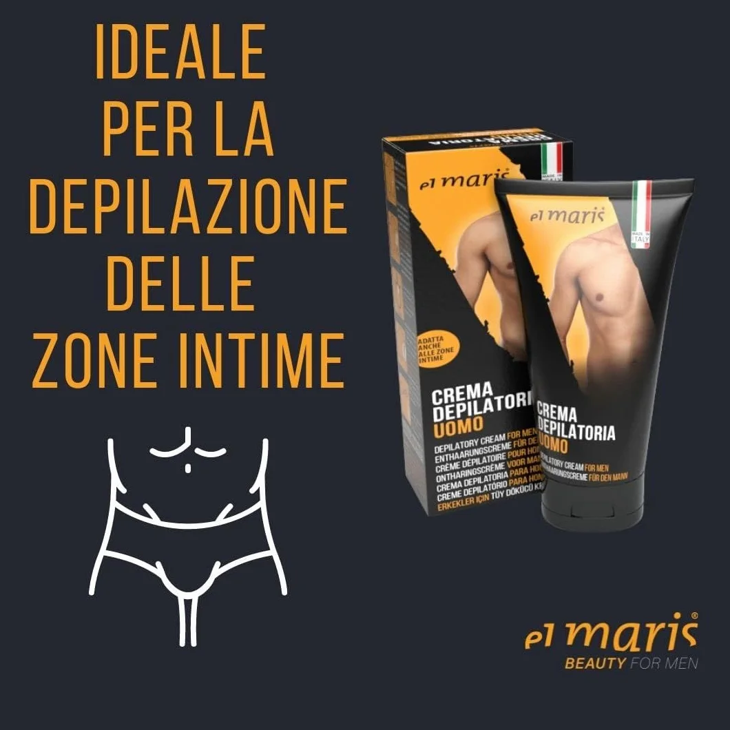 Elmaris - Crema depilatoria para hombre ultrarrápida y lenitiva, con Manteca de Karité y Bisabolol. Depilación de las partes íntimas, pecho, espalda, piernas, brazos. 2x200ml