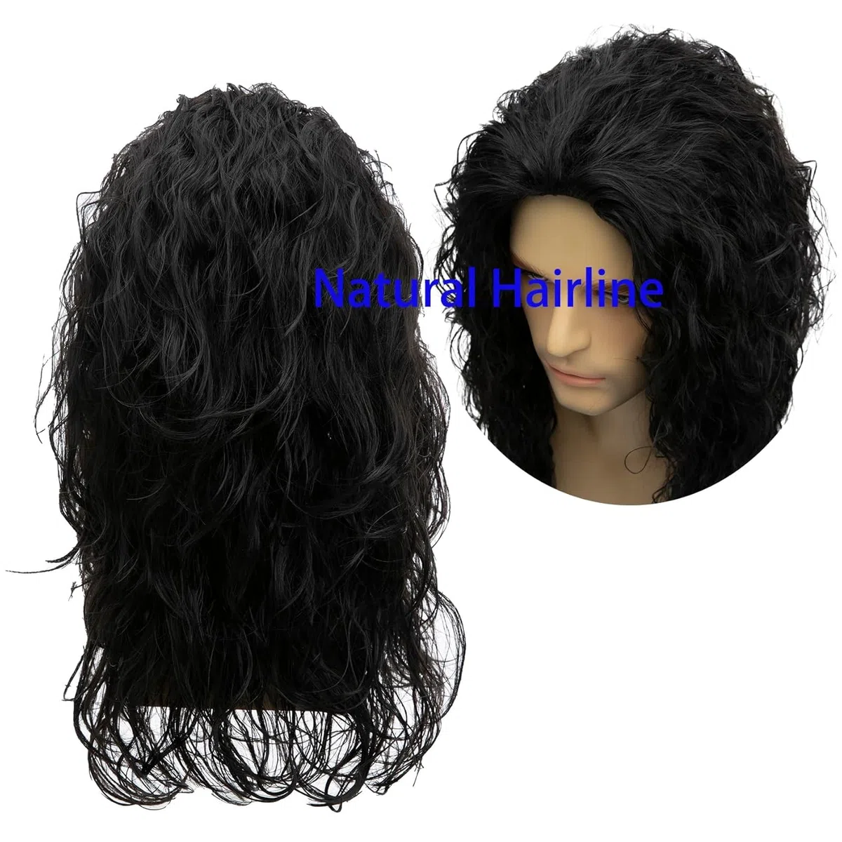 Hombre Largo Rizado Ondulado Negro Peluca Sintética Natural Fiesta Halloween Cosplay Peluca