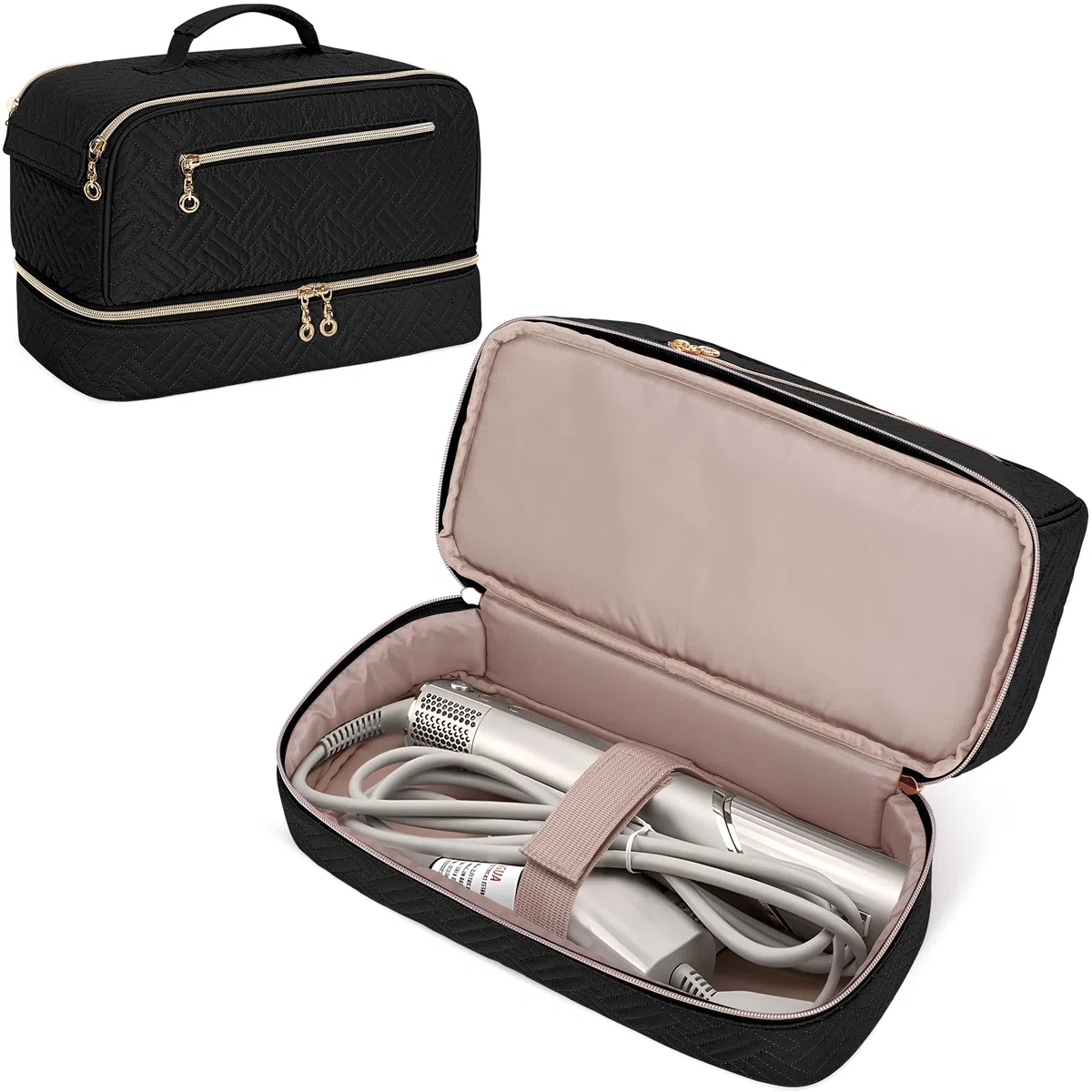 Teamoy Estuche de almacenamiento de viaje de doble capa compatible con secador de pelo Dyson, organizador portátil de gran capacidad para secador de pelo y accesorios, Negro