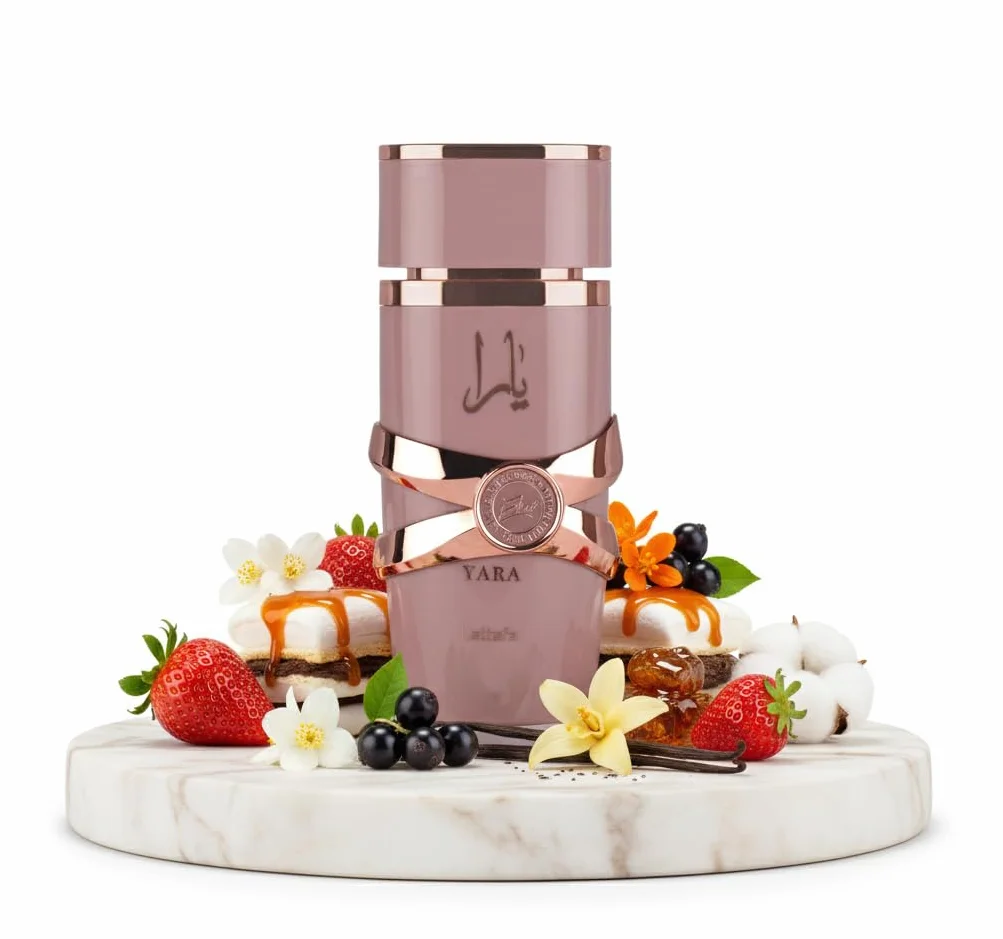 Lattafa Yara Elixir Eau de Parfum, diseño en rosa y oro, lujosa botella de cristal, perfume para mujer de 100 ml