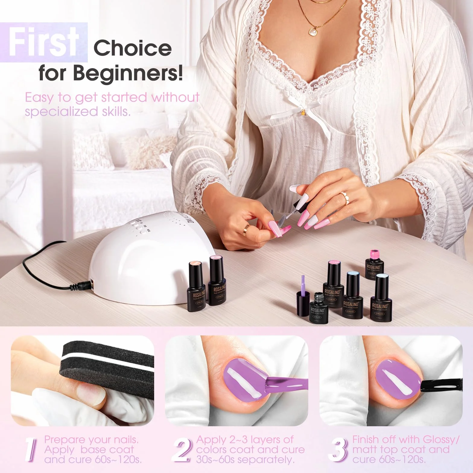 ROSALIND Kit Uñas Semipermanentes, 48W Lampara uñas semipermanentes, 12+4 PCS Kit Pintauñas Gel Completo Lámpara UV Blanco Rosa Azul Verde Morado Esmaltes Permanentes Manucira