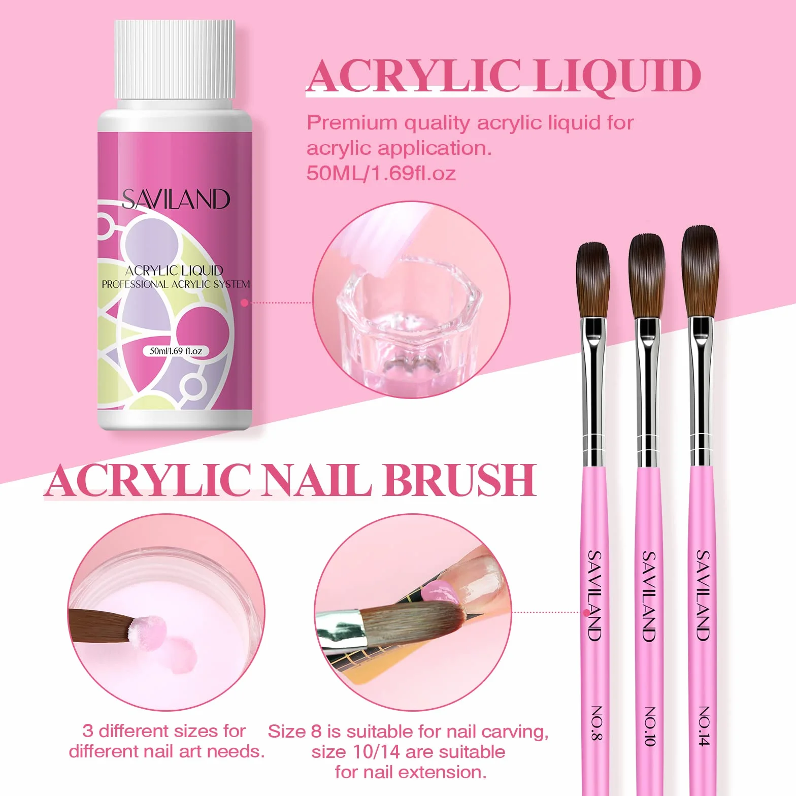 Saviland Kits De Uñas AcríLicas Para Principiantes: Polvo AcríLico Rosa Blanco Transparente, Cepillo De Uñas Líquido AcríLico, Taladro Eléctrico Para Uñas, Imprimación Para Uñas