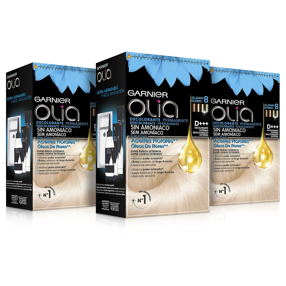 Garnier Olia, pack 3 Decolorante Permanente sin Amoniaco con Aceites Florales de Origen Natural, Decolorante D+++, Aclarado 8 Tonos, El embalaje puede variar
