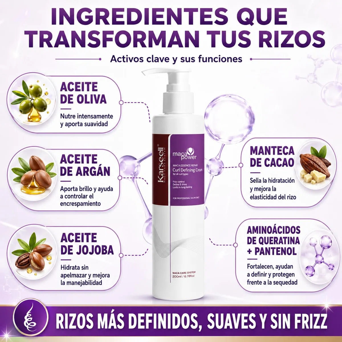 Karseell MACA CARE SYSTEM Crema Definidora de Rizos con Aceite de Argán Colágeno Coco Jojoba Hidratante Nutritiva Reparadora Antiencrespado Antifrizz Cabello Rizado Seco Dañado Brillo Suavidad 200ml