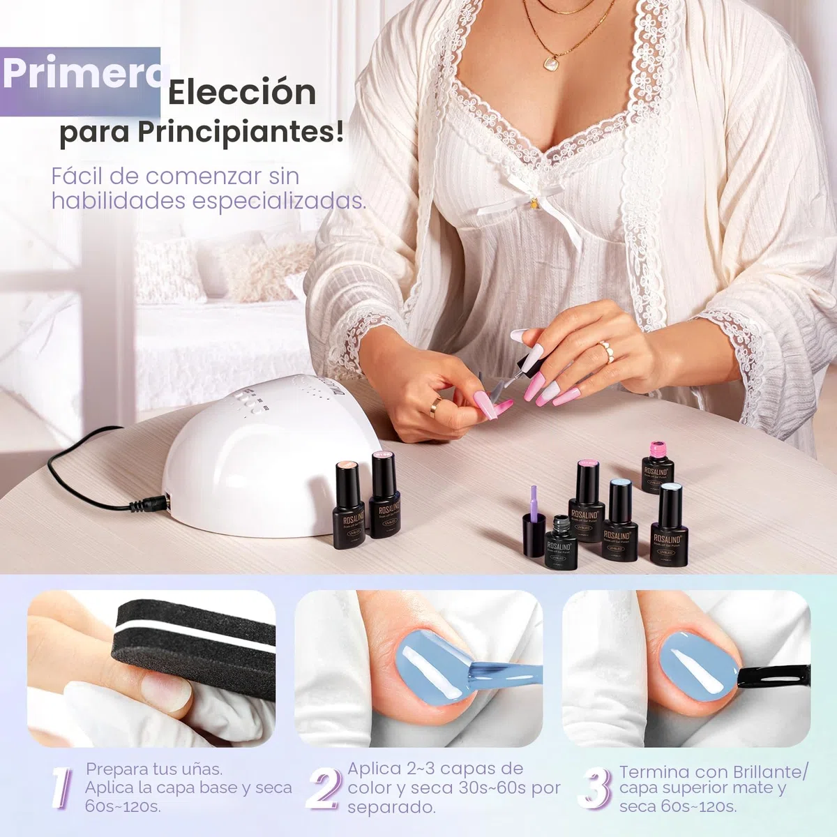 ROSALIND Kit Uñas Semipermanentes con Lámpara 48W, 20+4 Piezas Esmaltes Semipermanentes Blanco Negro Morado Rojo Azul Verde Colores Uñas Semipermanentes Kit Completo Con Lima Electrica Uñas