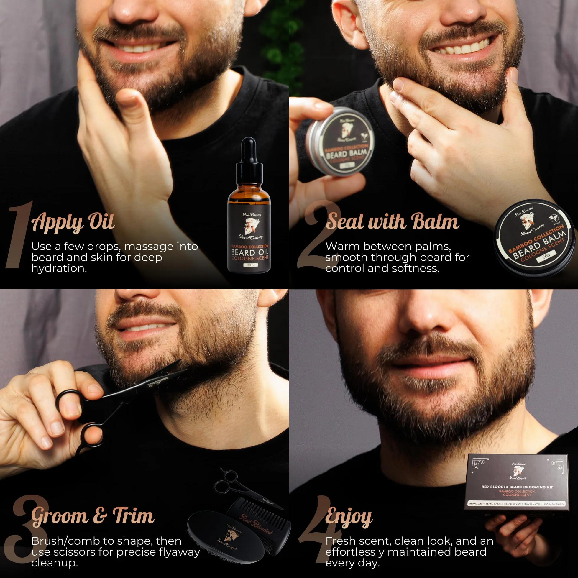 Red-Blooded kit barba hombre con aceite para barba, bálsamo para barba, cepillo para barba, peine para barba y tijeras para barba. Colonia perfumada hecha con aceite de jojoba y aceite de macadamia
