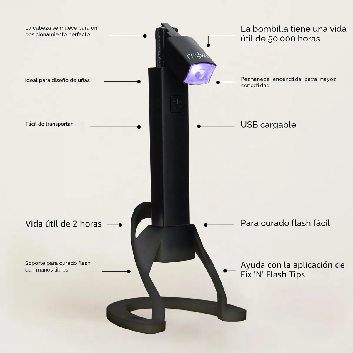 Mylee Linterna LED Fix 'N' Flash: Lámpara de Uñas Portátil para Esmalte de Gel con Cabezal Móvil, Recargable por USB, Funcionamiento Manos Libres - Perfecta para Casa, Viajes y Salones de Belleza