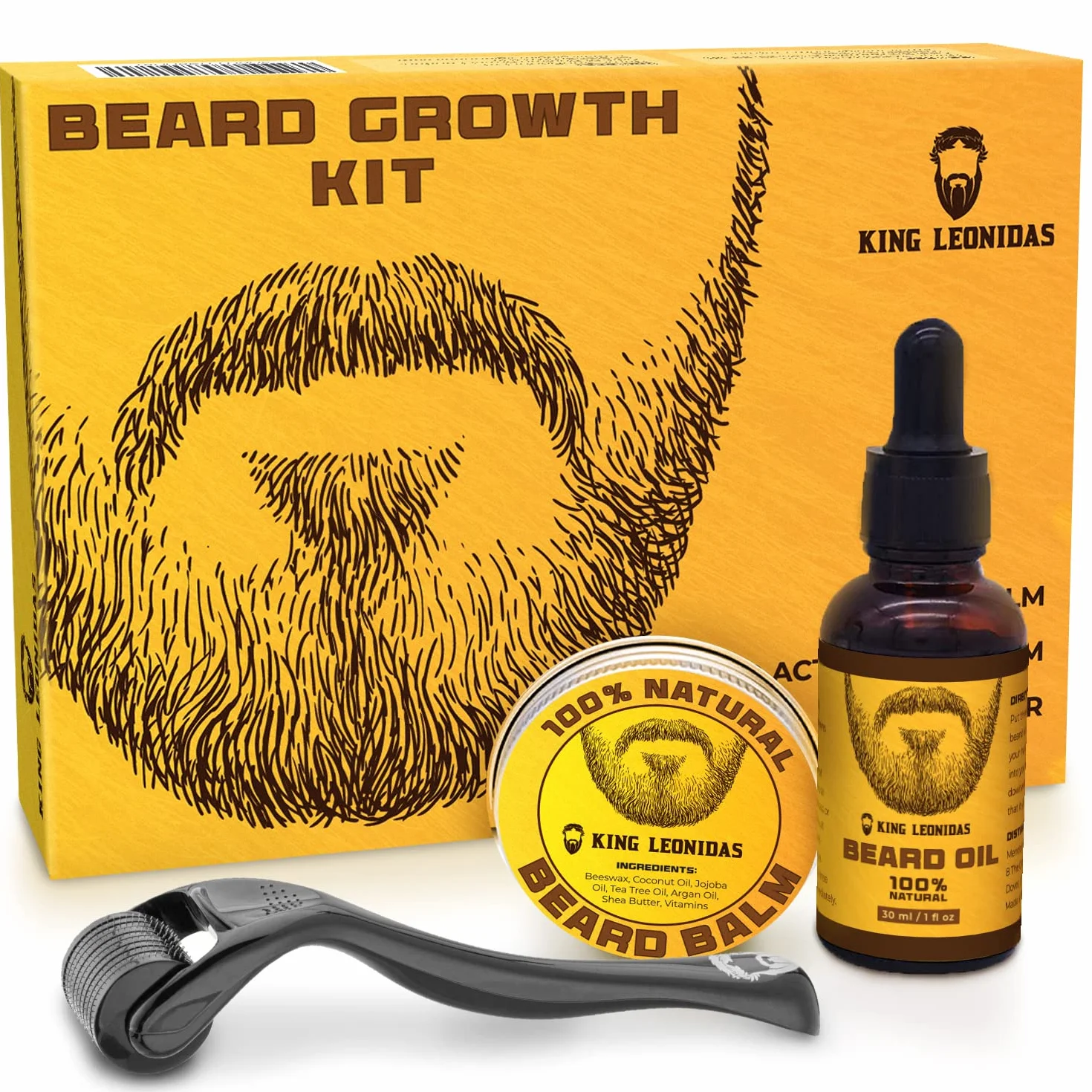 Kit de crecimiento de barba King Leonidas con rodillo Derma de 0,25 mm, herramienta de microagujas para hombres, cuidado profesional del vello facial con bálsamo para barba y aceite para barba