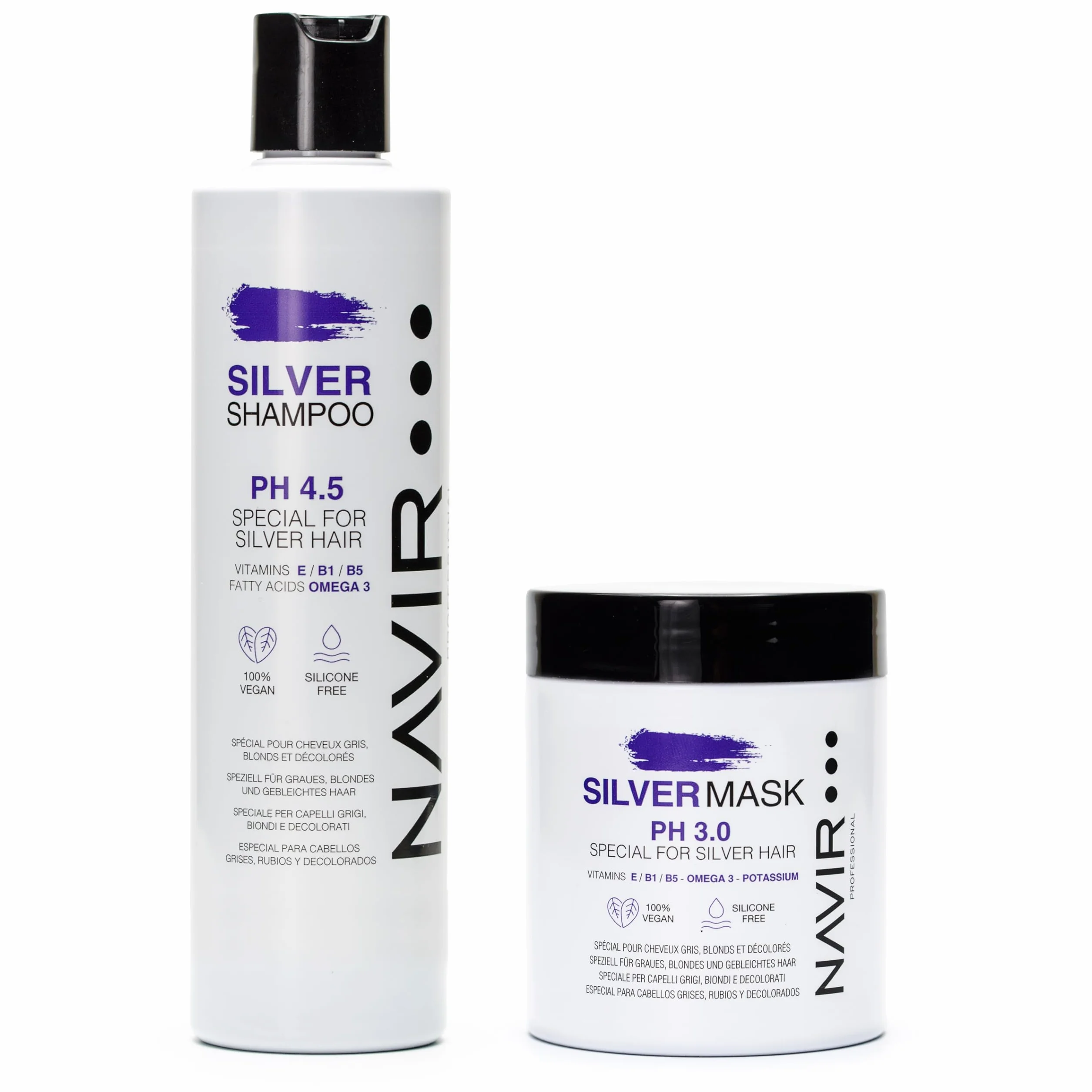 NAVIR Profesional | Champú Morado y Mascarilla SILVER | Matizador para cabellos grises, rubios y decolorados (Champú 300 ml + Mascarilla 250 ml)
