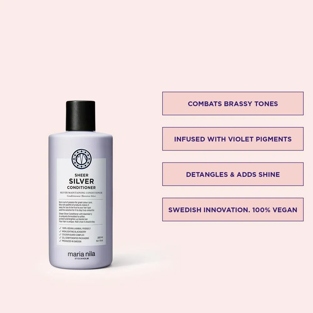 Maria Nila Sheer Silver, Neutraliza los tonos dorados, Los pigmentos violetas aportan un tono frío, 100% vegano y libre de sulfatos/parabenos