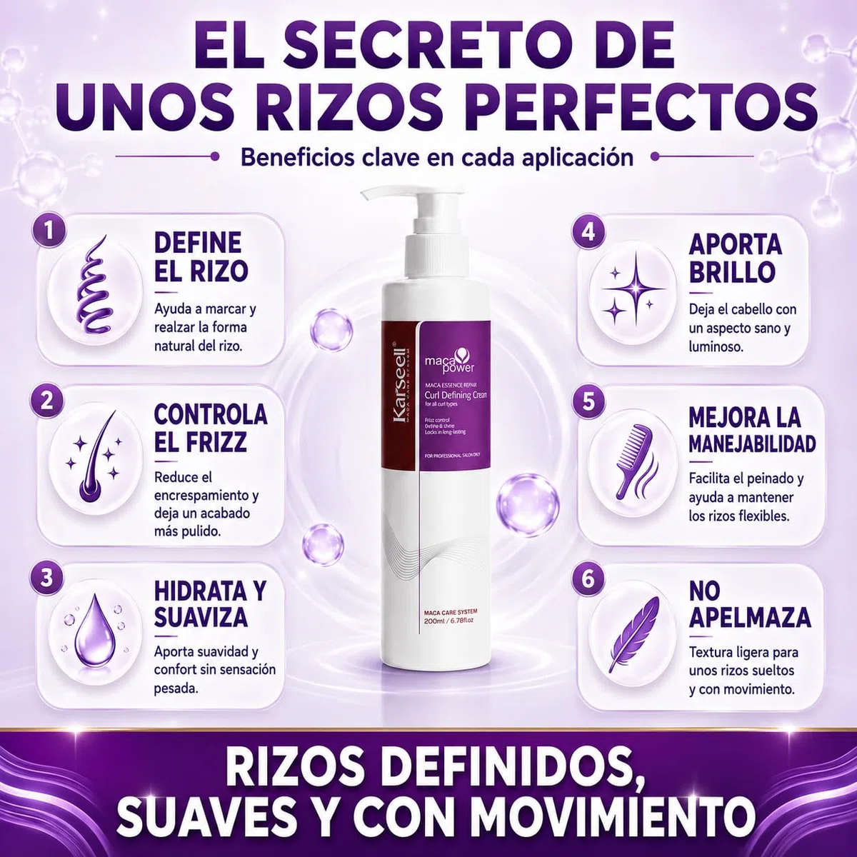 Karseell MACA CARE SYSTEM Crema Definidora de Rizos con Aceite de Argán Colágeno Coco Jojoba Hidratante Nutritiva Reparadora Antiencrespado Antifrizz Cabello Rizado Seco Dañado Brillo Suavidad 200ml