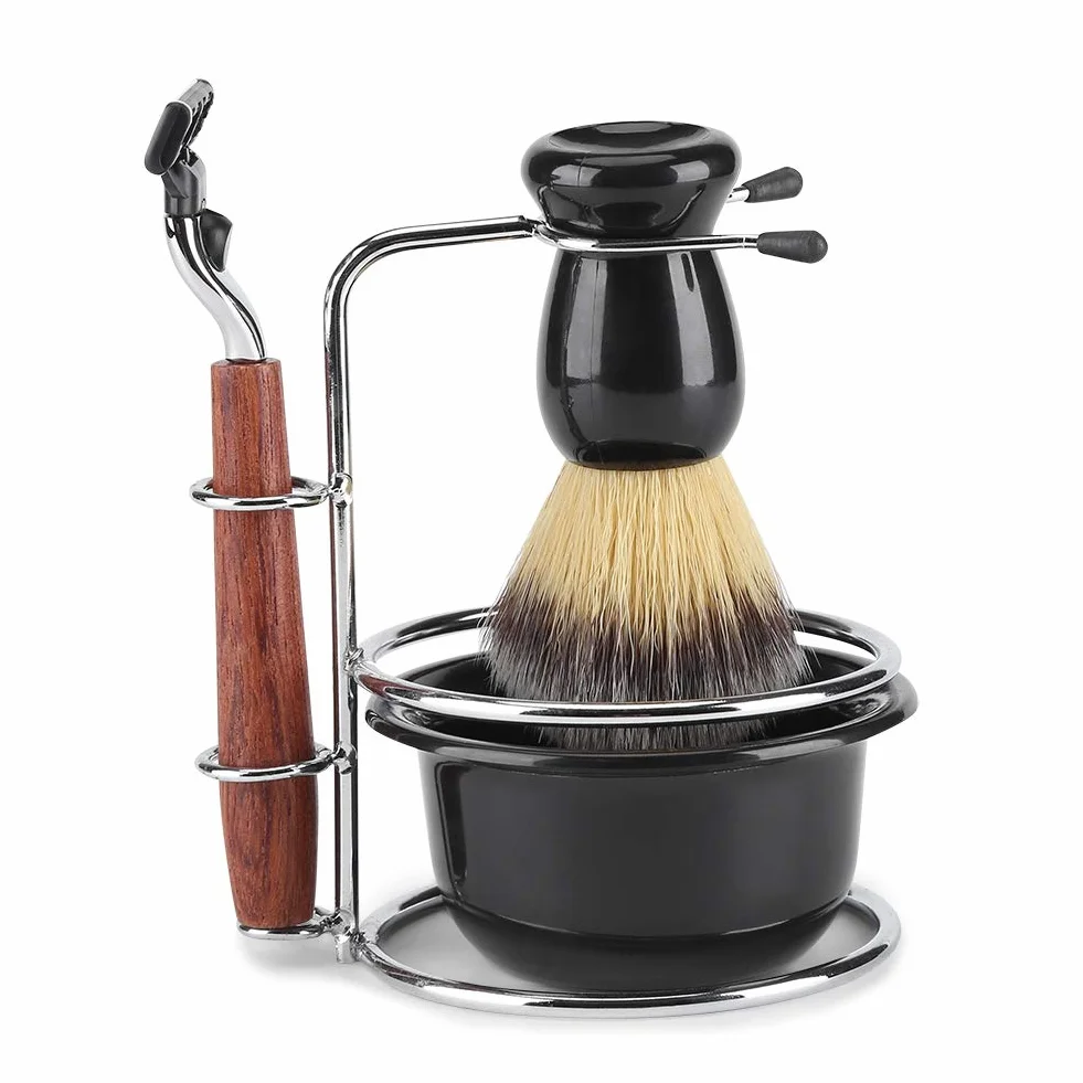 Kit de afeitar de 4 piezas Juego de afeitadora de afeitar Manual de afeitar + Soporte de soporte de acero Stainess + Brocha + Juego de tazón
