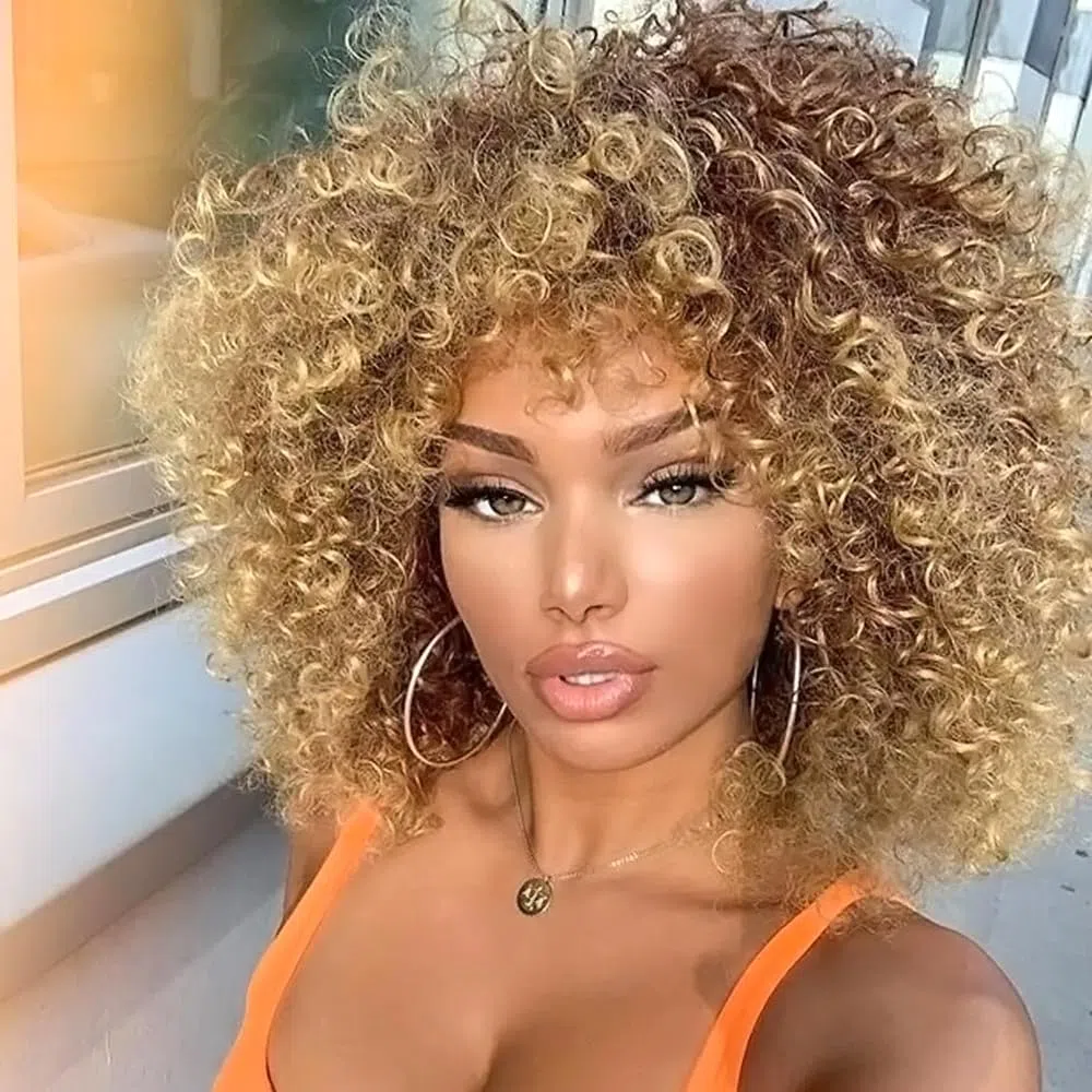 Peluca Afro Marrón Rubio Brasileño Sintético Rizado Pelo Natural para Mujeres, con Flequillo, Pelucas Cortas para Mujeres Negras