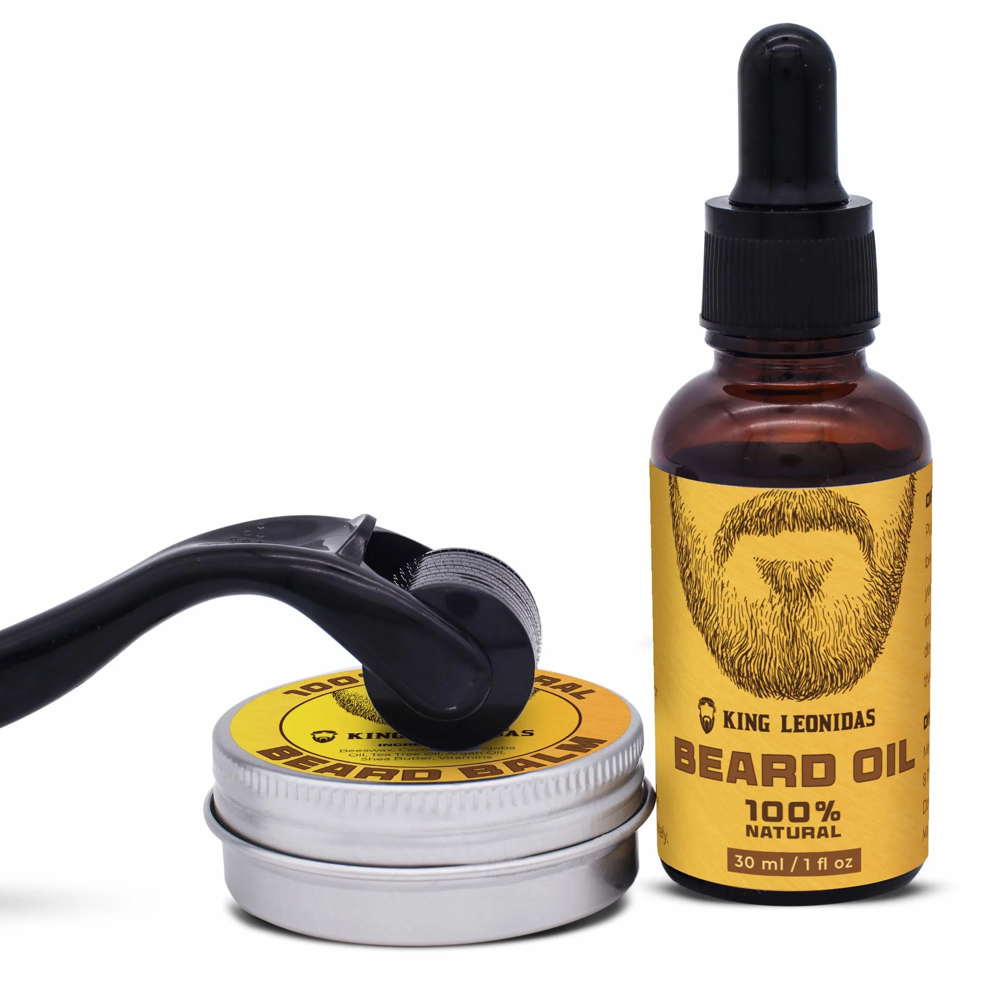 Kit de crecimiento de barba King Leonidas con rodillo Derma de 0,25 mm, herramienta de microagujas para hombres, cuidado profesional del vello facial con bálsamo para barba y aceite para barba