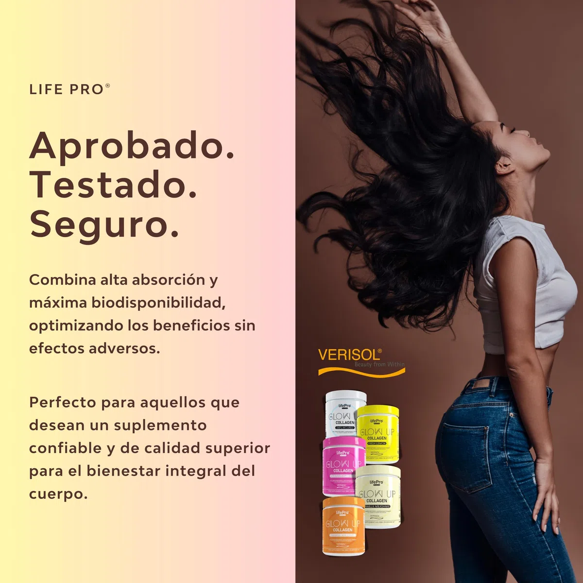 Life Pro Vitaminas para el Cabello Glow Up Beauty, Colageno Hidrolizado Puro, Anticaida Mujer, Crecimiento con Colageno Acido Hialuronico, Evita Caída del Cabello, Tratamiento Piel y Uñas con Verisol