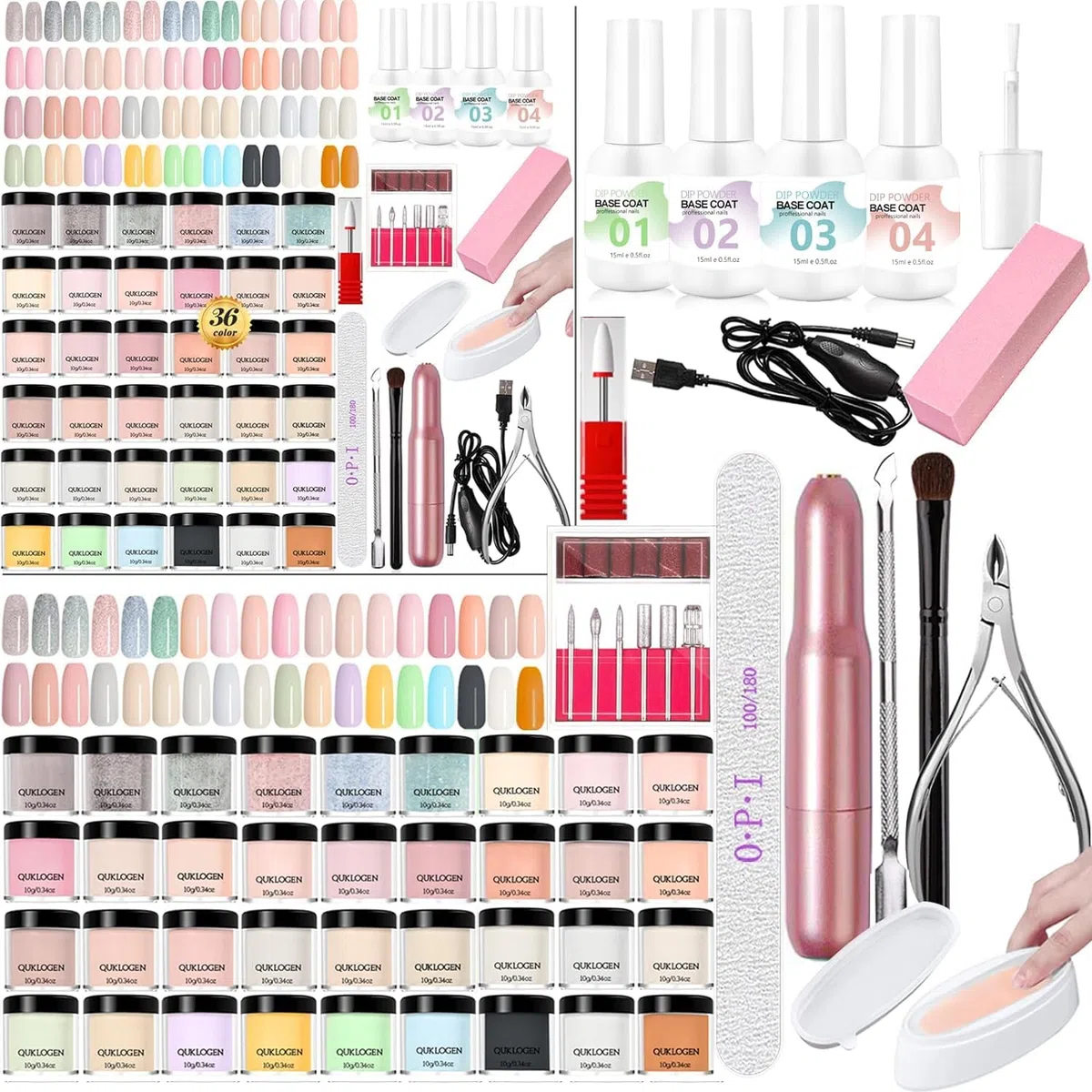 50PCS Kit De Polvo De InmersióN De UñAs 36 Colores kit de Iniciación en Polvo para uñas con Capa Base,Capa Top,Cepillo para Polvo,Lima de uñas,Manicura de Salón de Bricolaje en Casa