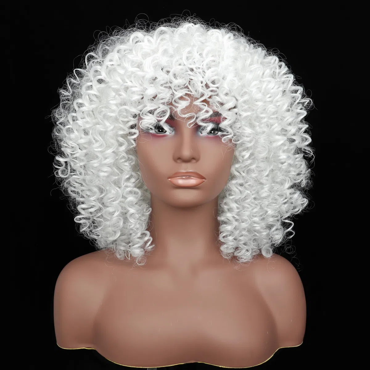 Colorfulpanda Pelucas cortas rizadas afro blancas con flequillo, peluca afro voluminosa, peluca de pelo rizado natural sintético para mujeres negras, ideal para cosplay, Halloween, fiesta y uso diario