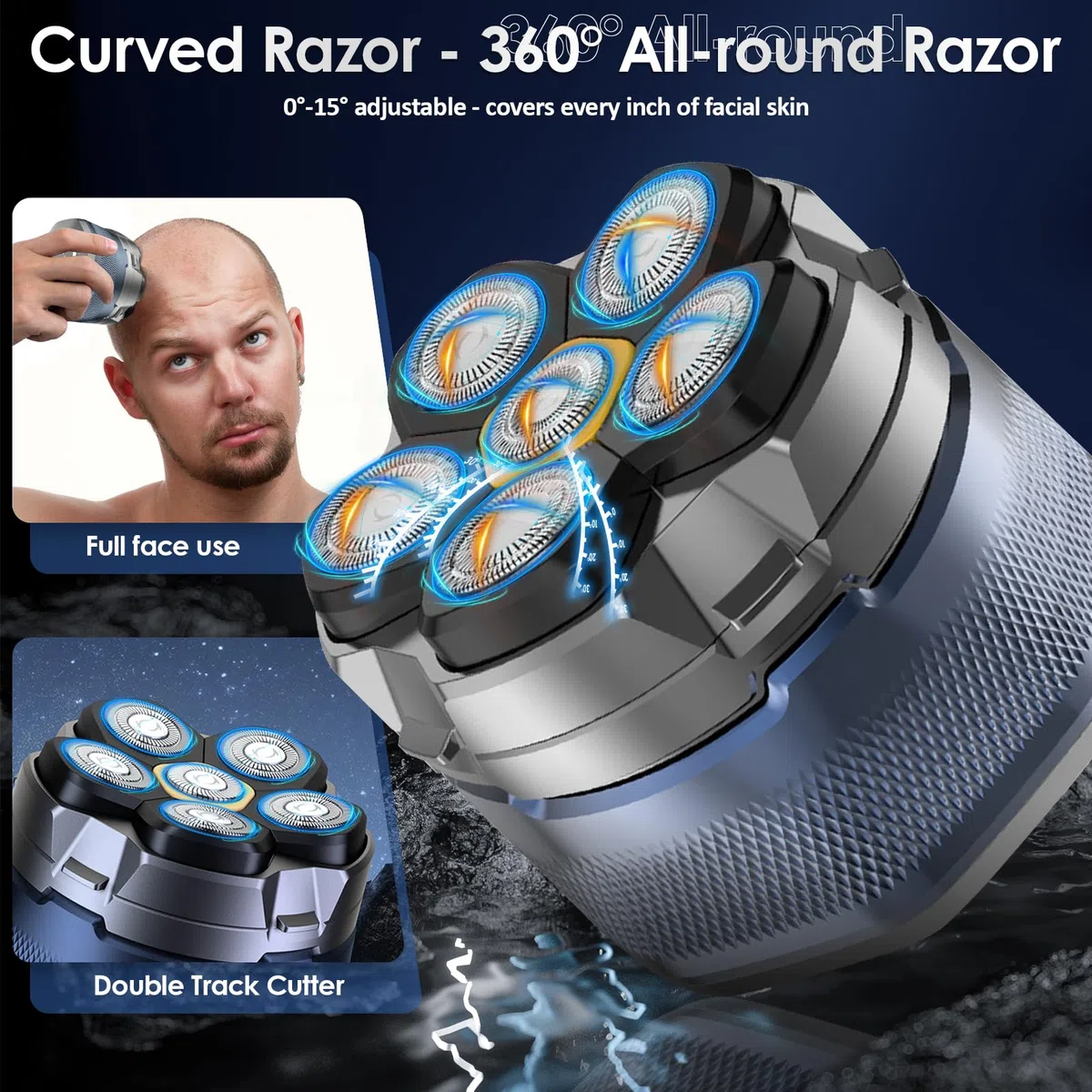 Journeyside Afeitadora Cabeza Calva,Afeitadora Cabeza Hombre, Afeitar Cabello Hombre Impermeable IPX7,6D Afeitar Eléctrica Flotante Flexible, Uso Seco y Húmedo,Con Pantalla LED Bloqueo de Viaje