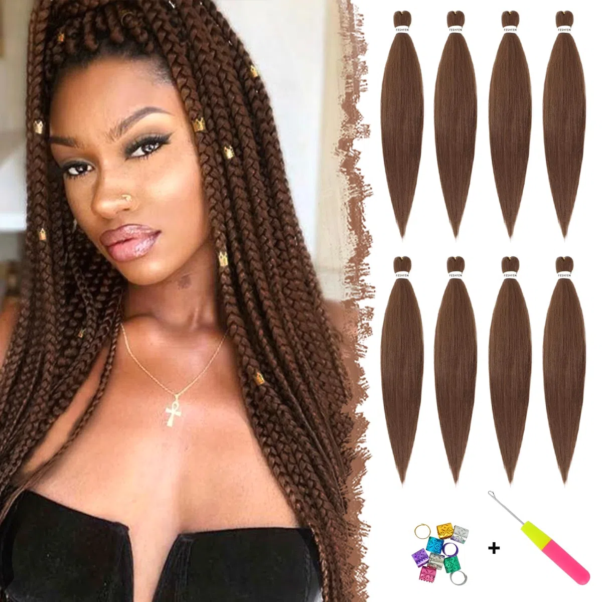 FESHFEN Extensiones para Trenzas Africanas 8 Piezas Pre Stretched Braiding Extensiones de Cabello Trenzado Sintetico Twist Crochet Braid Extensión Pelo Postizo Castaño claro, 66 cm