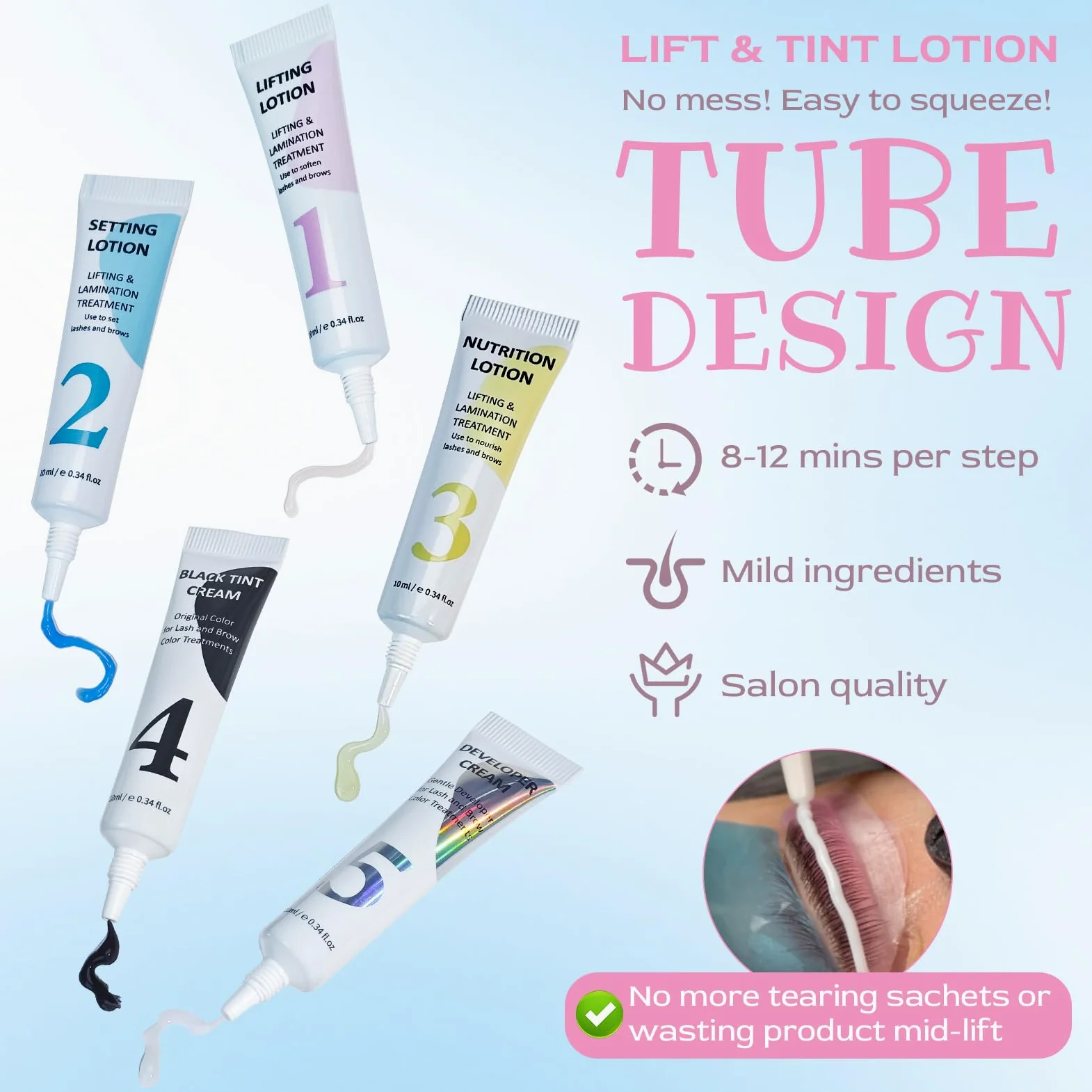 Lifting Pestañas Kit, Lash Lift Kit y Tinte Pestañas, Kit 2 en 1 de Lifting Pestañas para Salón en Casa, Diseño Tubular, 6 Almohadillas para Todas las Formas de Ojos
