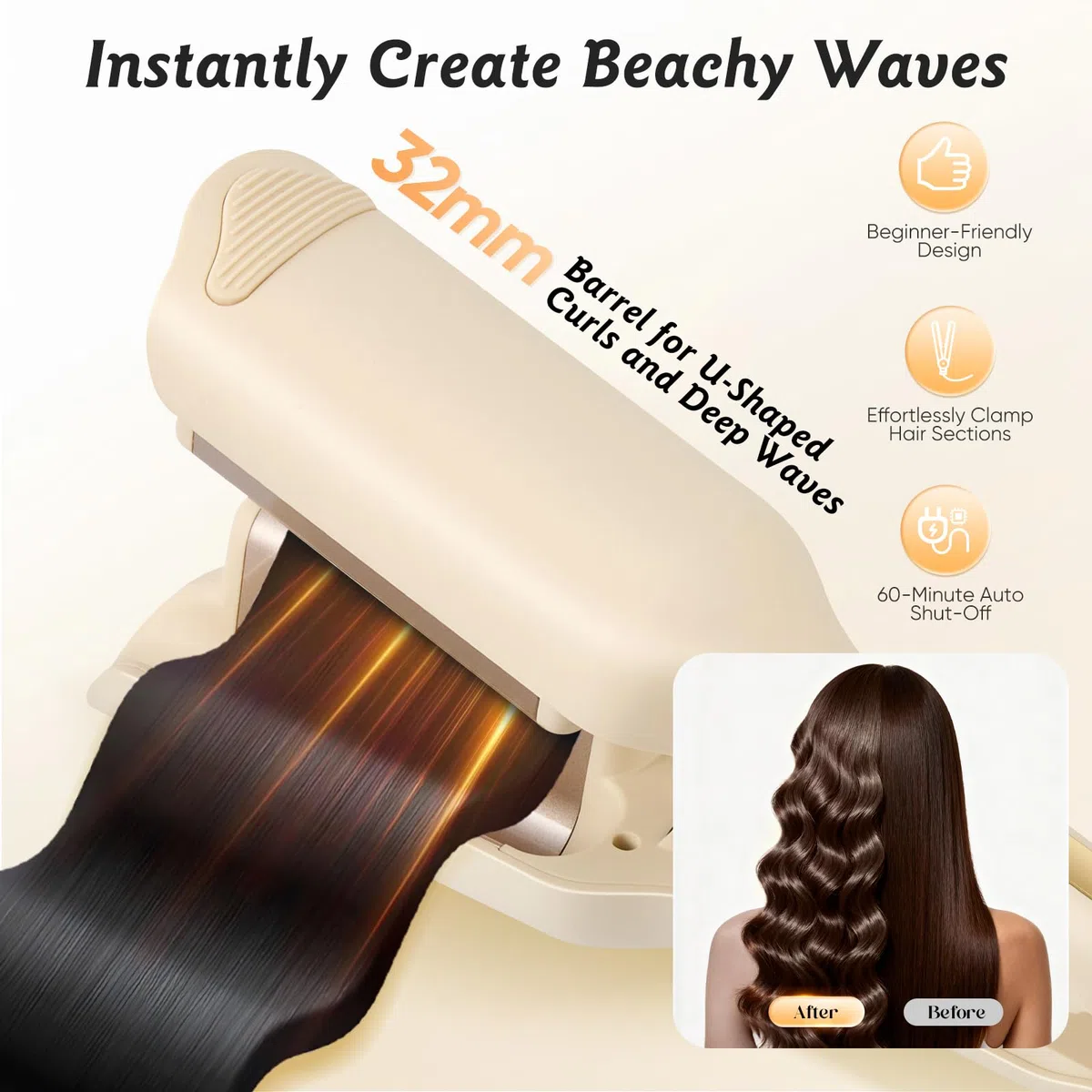 Plancha onduladora para el cabello con grandes ondas de 32 mm, 3 temperaturas ajustables, calentamiento rápido, pantalla LCD, protección contra el calor, temporizador integrado y apagado automático