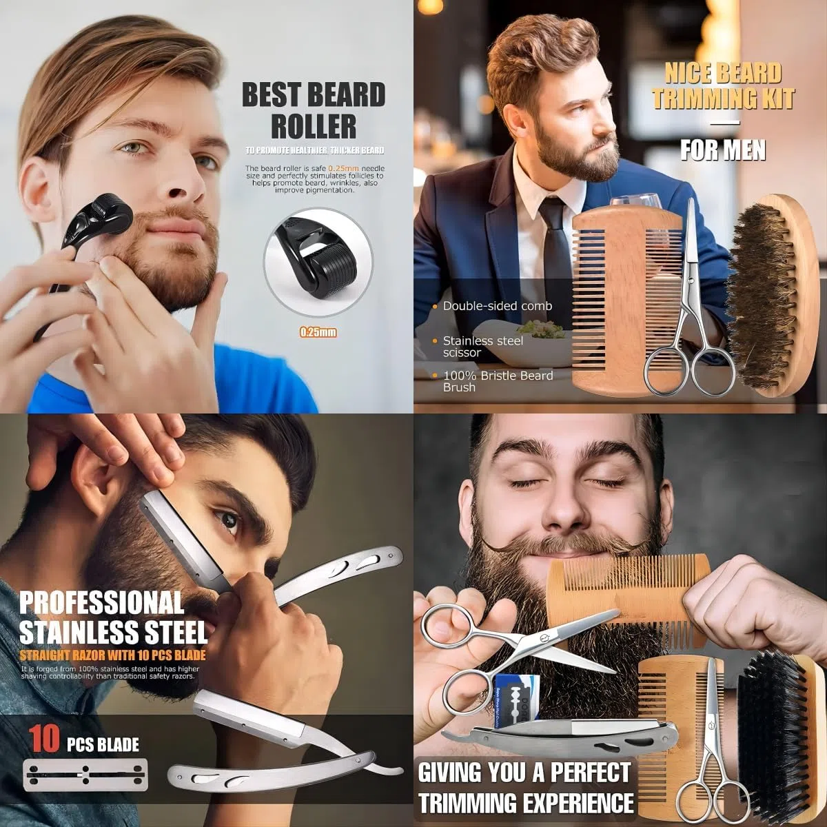Kit Barba Hombre,Cuidado Facial Masculino,Set Completo con Navaja de Afeitar,Cepillo,Aceite,Champú,Bálsamo y Peine,Regalo Ideal para Hombre