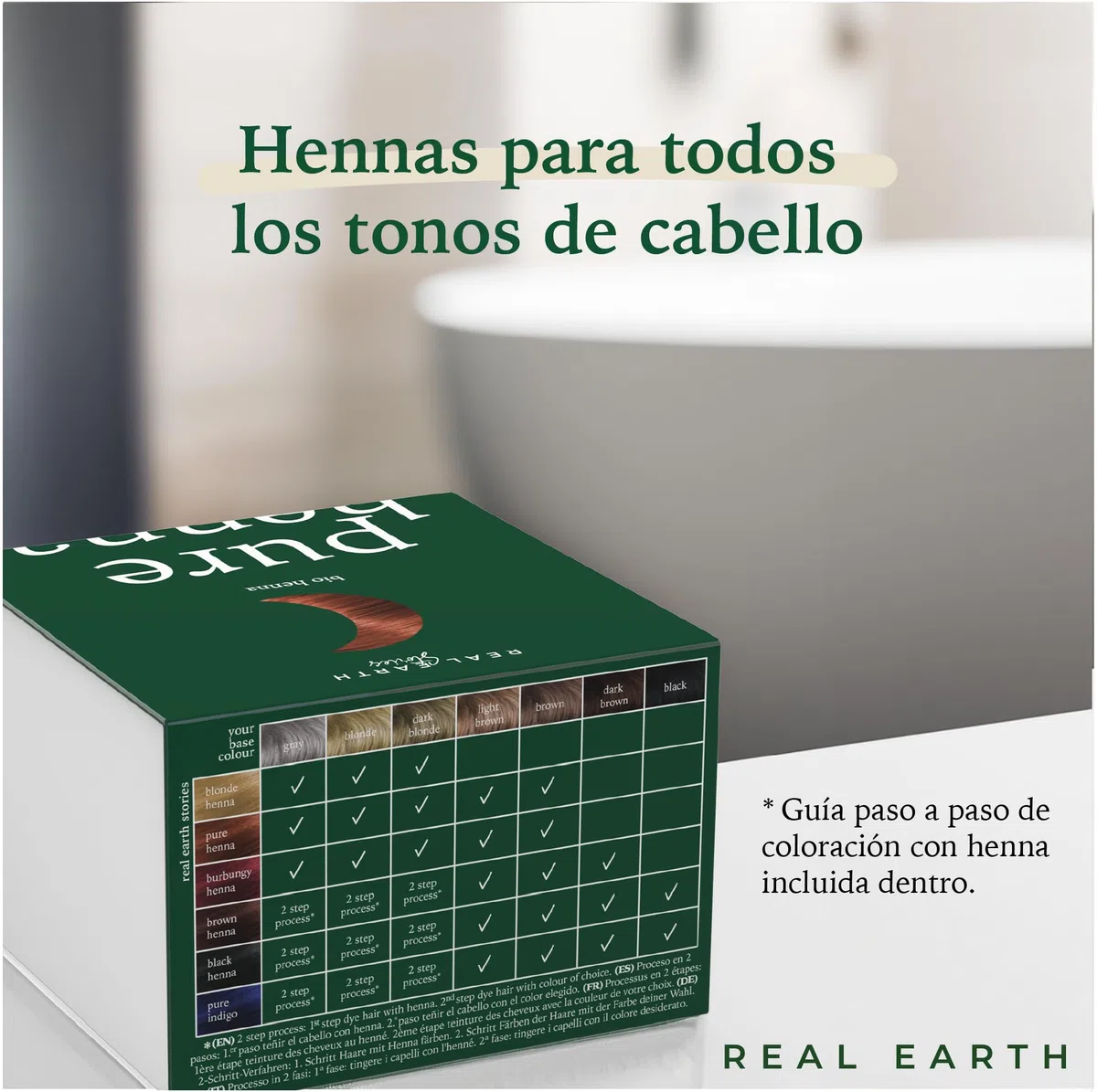 Real Earth - Cocoa Henna - Tinte de Henna - 100% orgánica y natural - Barros para teñir el pelo - Cabellos castaño medio - Coloración Natural - Cosmética ayurvédica - Vegana - Sin amoniacos - 250gr