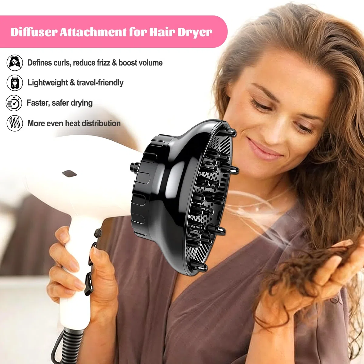 Difusor Universal para Secador de Pelo (3,5-8 cm) – Adaptador Profesional Apto para Método Curly – Definición de Rizos sin Frizz y Volumen Extra – Ajuste Seguro para Viaje y Hotel – Negro