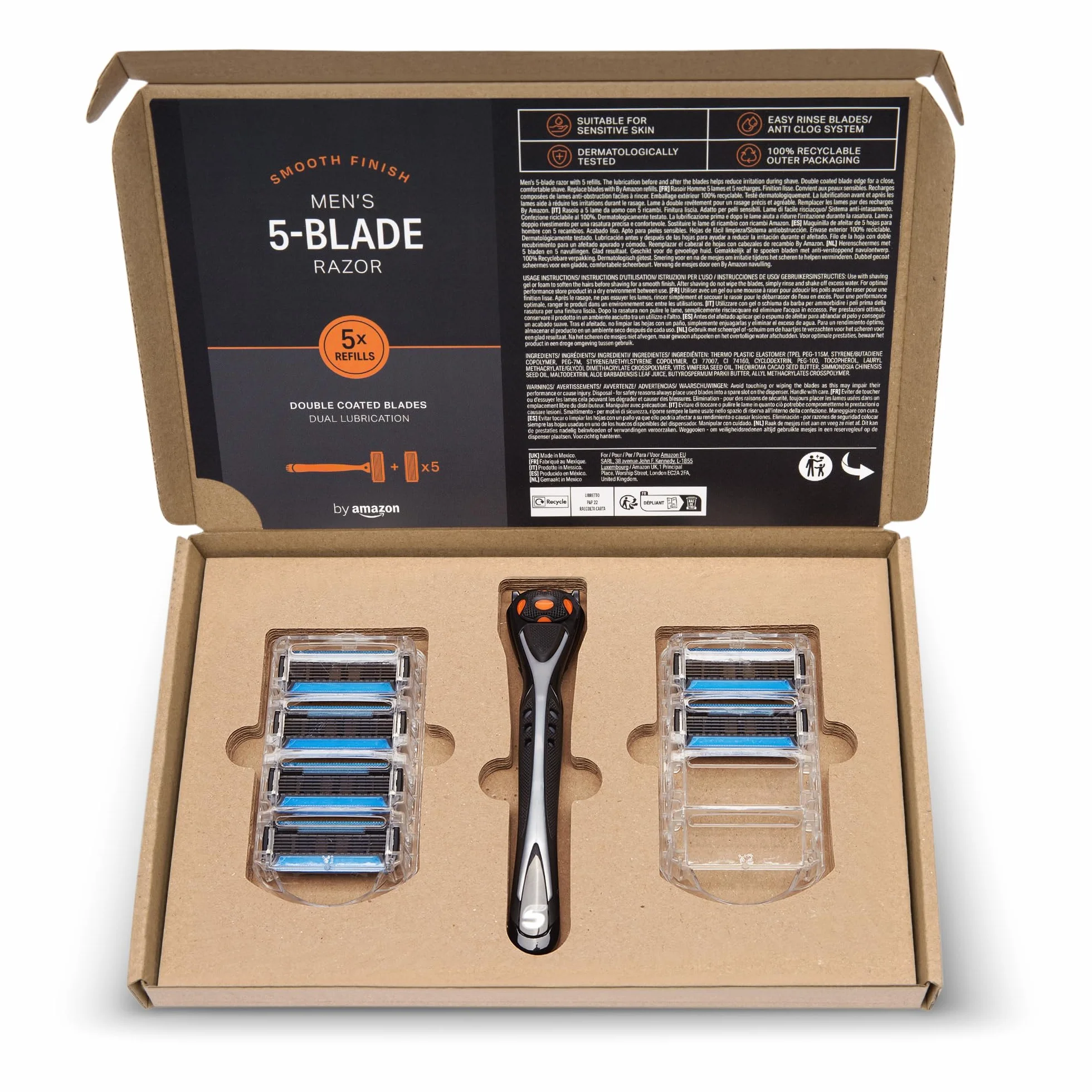 by Amazon Maquinilla de afeitar de cinco hojas para hombre con 6 recambios, Multicolor