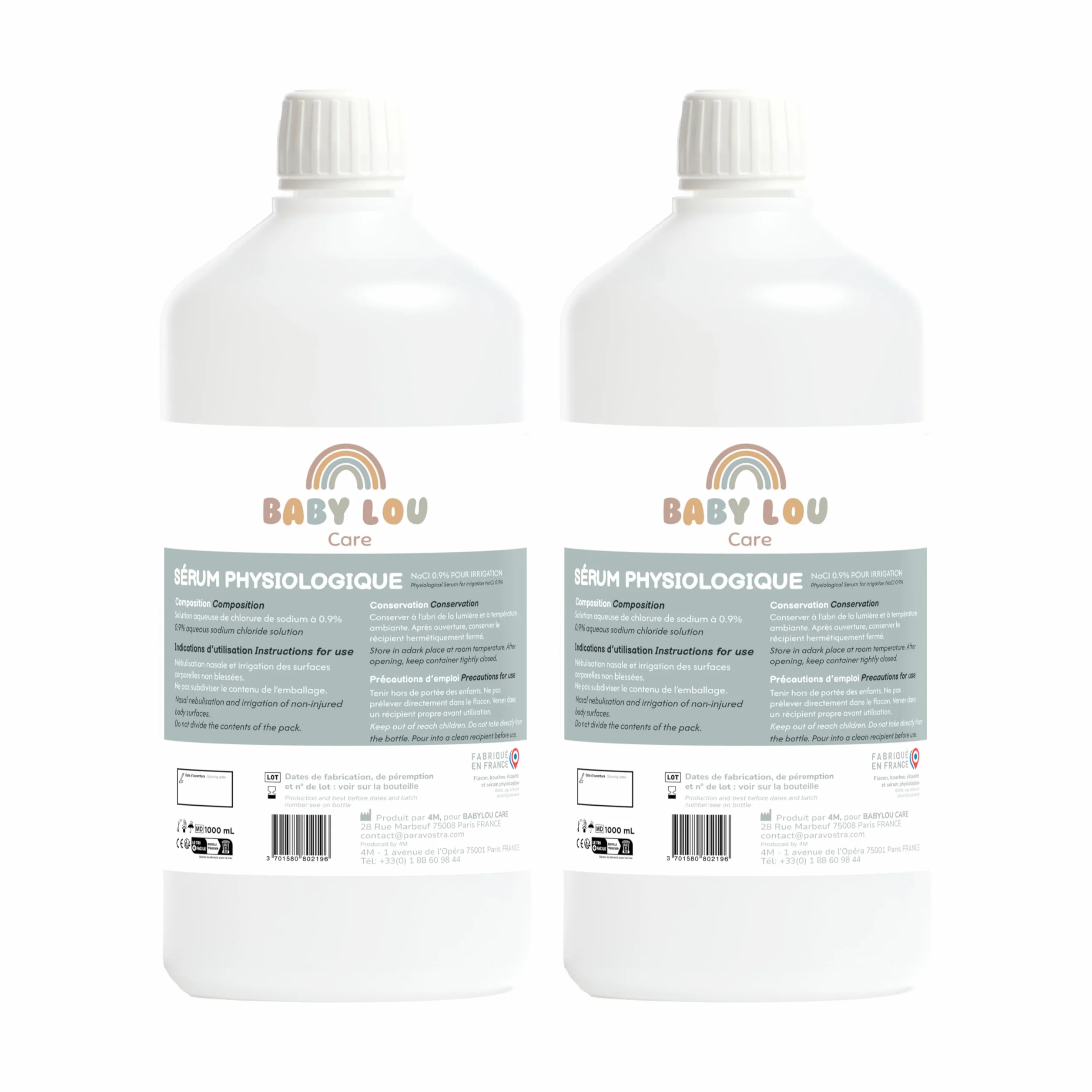Suero Fisiológico botella 2x1L | NaCl 0,9% | Fabricado en Francia | Lavado de las fosas nasales | Higiene nasal | Para irrigación externa