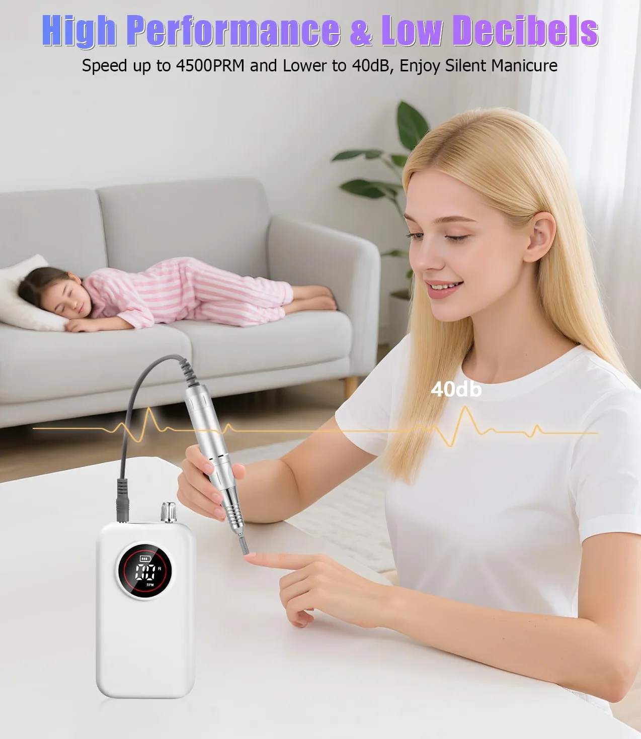 Torno para Uñas Profesional, 45,000RPM Lima Electrica Uñas, Velocidad Ajustable,Set de Accesorios para Manicura y Pedicura con Brocas de Cerámica,para Uso Doméstico Salones de Uñas