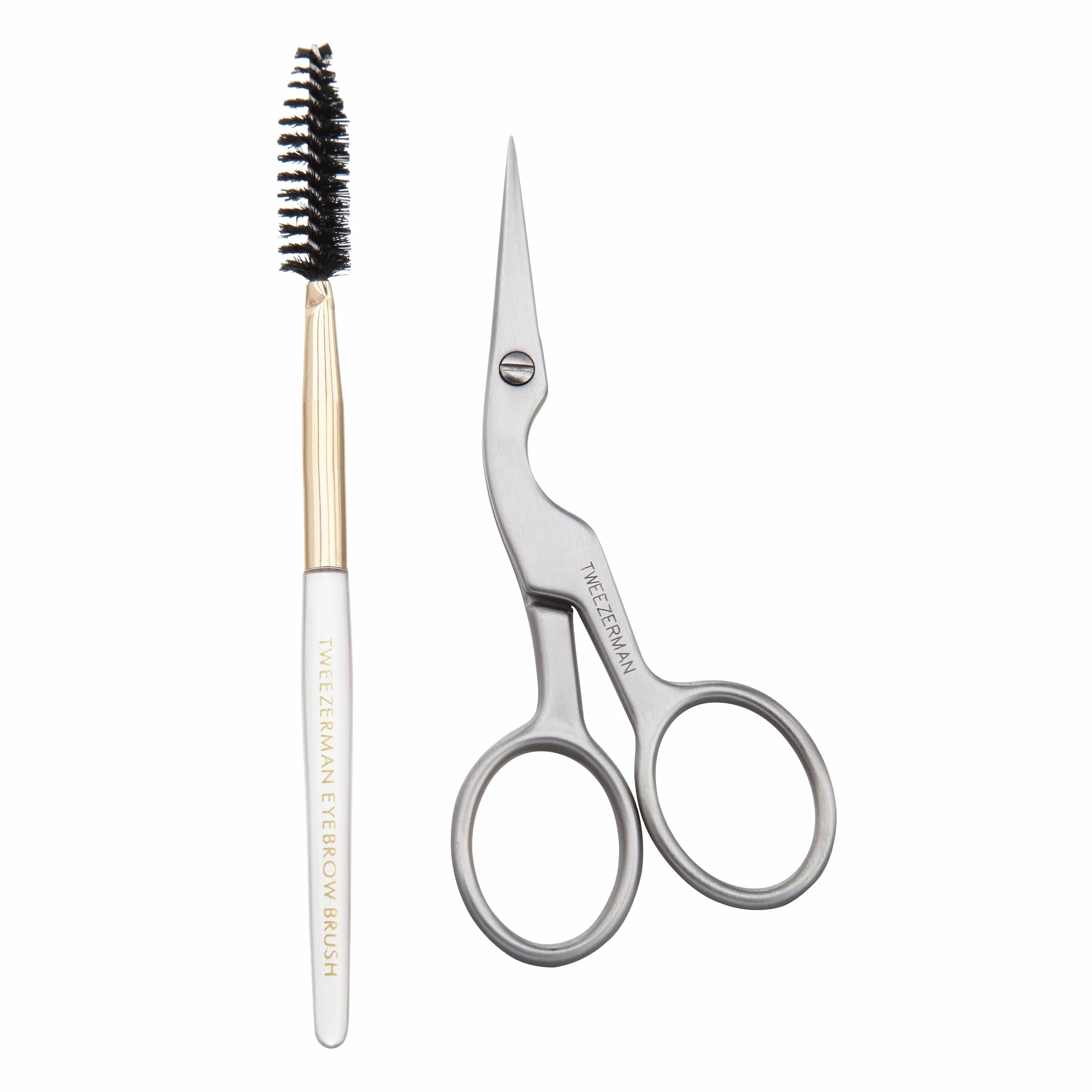 TWEEZERMAN Tijeras para cejas & cepillo para cejas (puntas de precisión, recorte, acero inoxidable), plata