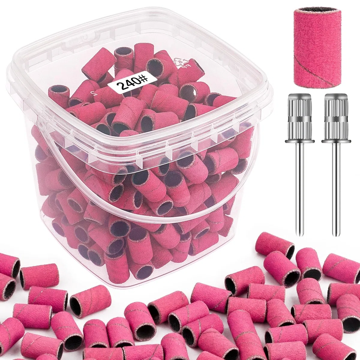 Bandas de lijado para taladro de uñas de grano 240, bandas de lijado de uñas extremadamente finas, 200 bandas de lijado profesionales rosas y 2 brocas de uñas para manicura y pedicura