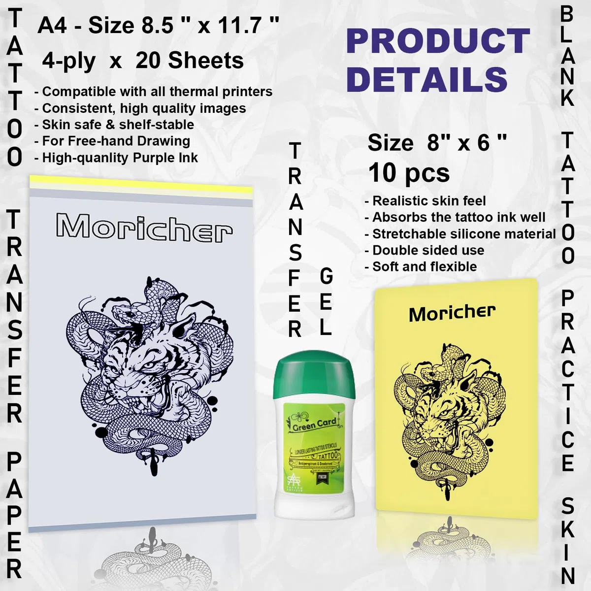 Moricher 10 conjuntos de tatuajes para práctica en piel - 20 papeles de transferencia y 1 gel como accesorios