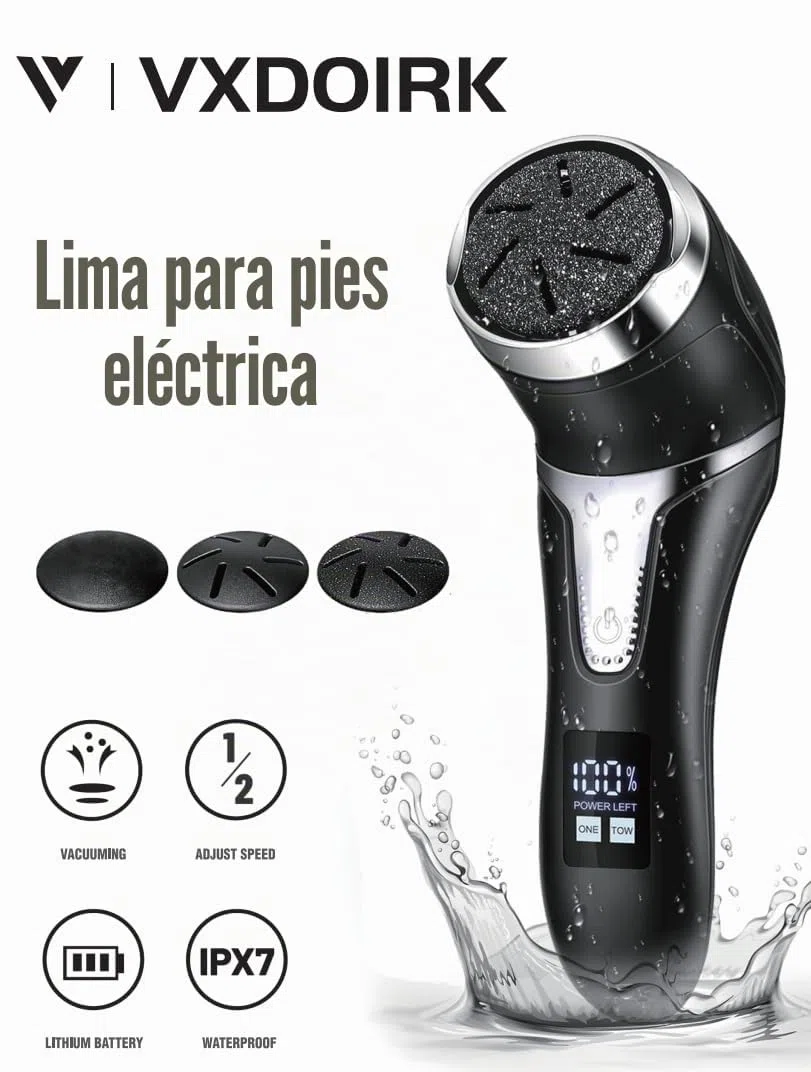 Lima Eléctrica Pies,VXDOIRK Recargable e Impermeable con 3 Rodillos y 2 Velocidades, Poderoso Profesional Quita Durezas para Cuidado Pies Callosidades Negro