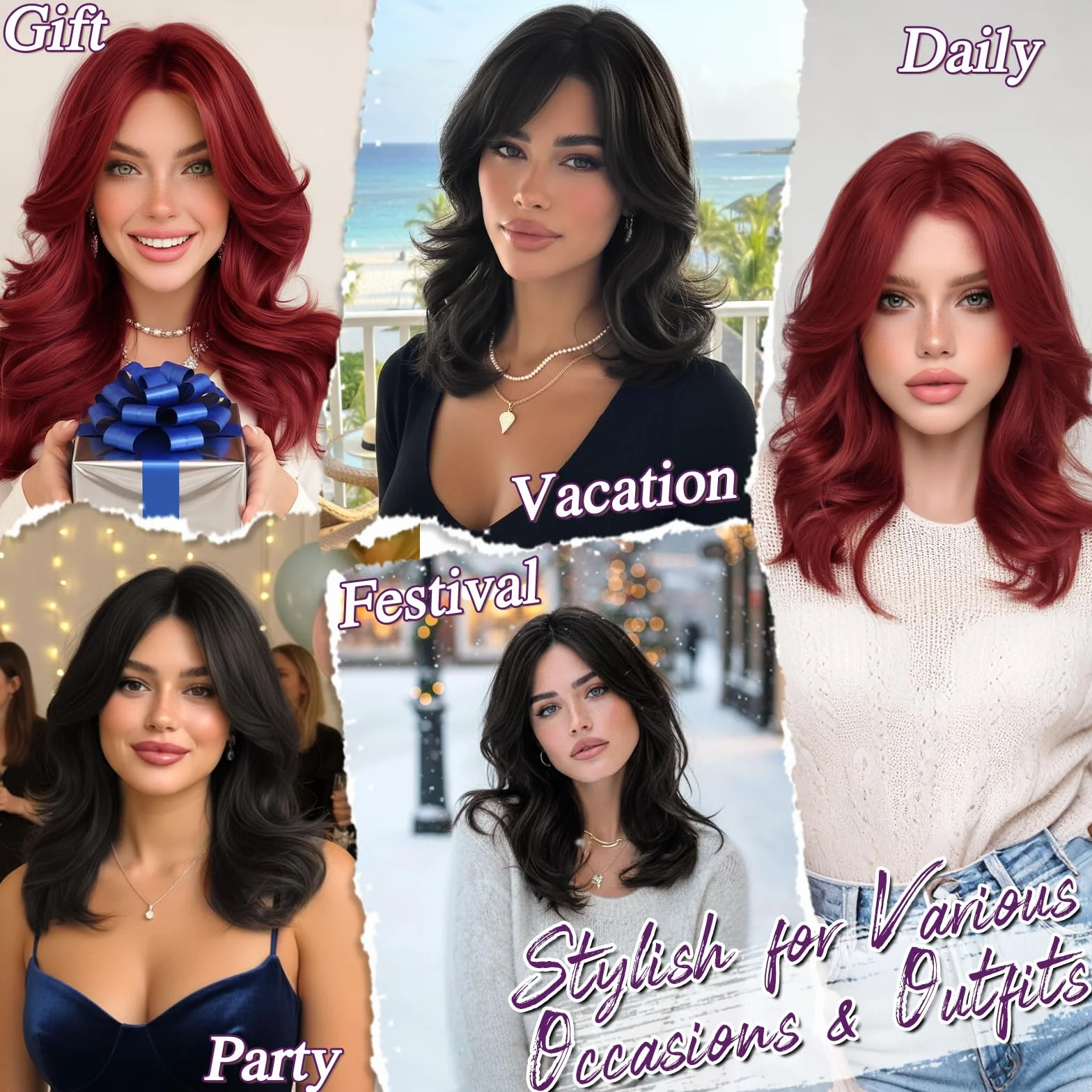 BARSDAR Corta Ondulada Cobrizo Rojo Peluca, 40cm Shoulderlongitud Cobrizo Pelucas para Mujer Corta Wave Layered Peluca con Face-Framing Curtain Bangs Aspecto Natural Sintética Pelucas de Pelo Party