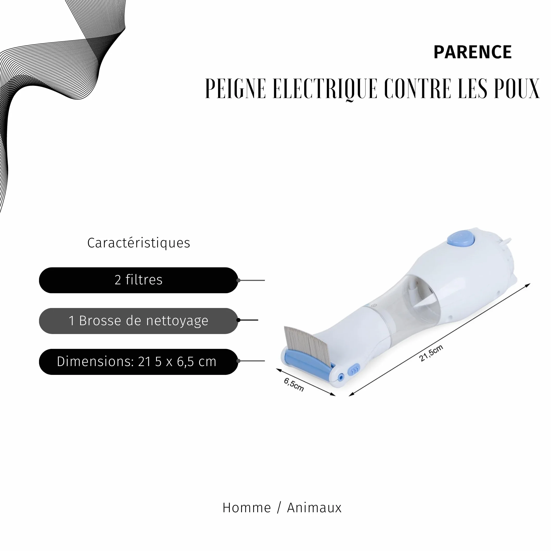 PARENCE.- Peine eléctrico para piojos con dispositivo de aspiración y filtros de limpieza/Herramienta para tratar piojos y liendres (peine/aspiradora), toma de carga de pared - Niños, mascotas