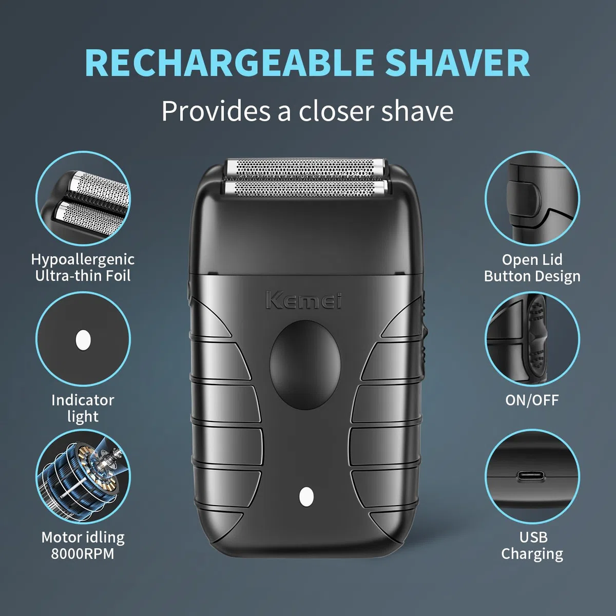 KEMEI Afeitadora de láminas para hombres, afeitadora eléctrica, afeitadora de peluquería de doble lámina, afeitadora de barba inalámbrica, recargable por USB hasta 180 minutos