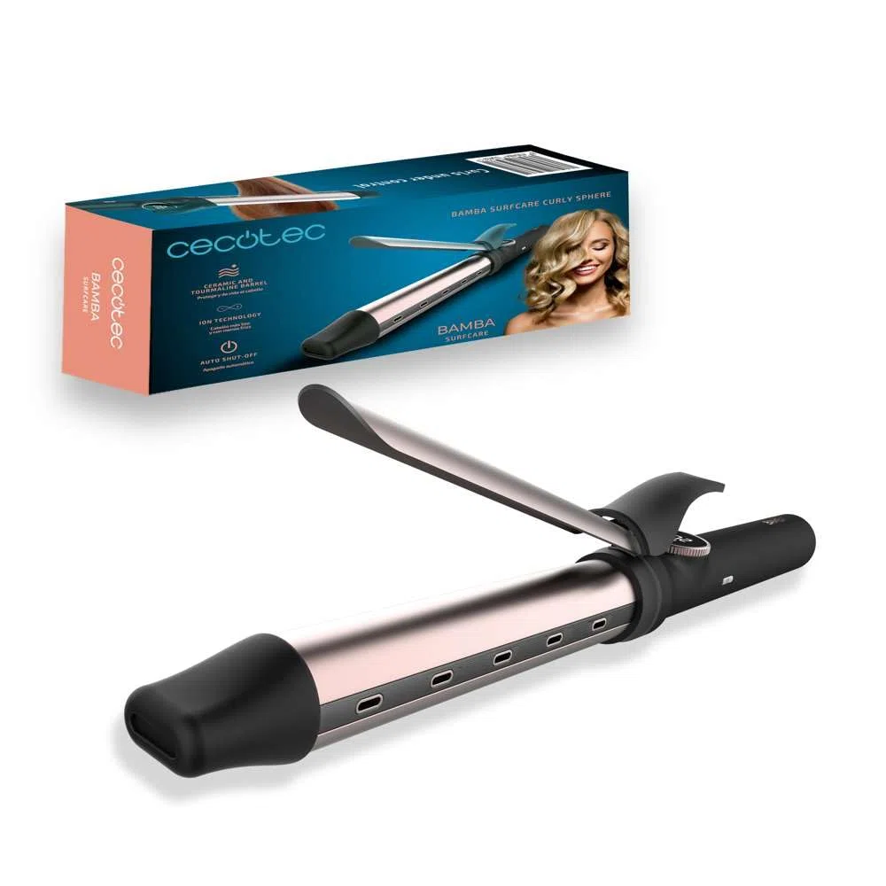 Cecotec Rizador de pelo Bamba SurfCare Curly Sphere. Cilindro de 28 mm de cerámica y turmalina, Menos Frizz, Pantalla, (120ºC-210ºC), Cable giratorio 360º y de 1,8 m, Apagado automático, Punta fría