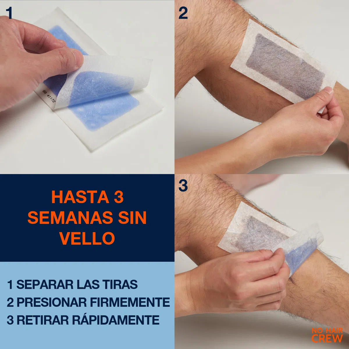 NO HAIR CREW 3x20 Bandas Depilatorias Hombre – Hasta 3 Semanas Sin Vello | Para pecho, espalda, brazos y piernas. Elimina el vello de raíz para una piel suave y un crecimiento más suave.