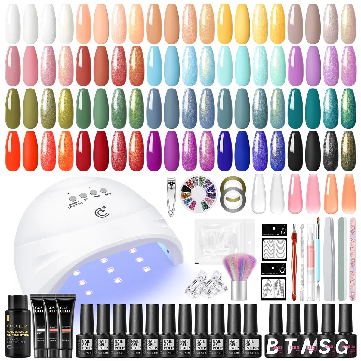 COSCELIA Kit Uñas Semipermanentes 20 Colores Uñas Gel Kit con Lámpara de Uñas, 3 Colores Poly Extensión Gel Uñas, Base Top Mate Coat con 2pcs Glitter Coat Set Kit Manicura Semipermanente
