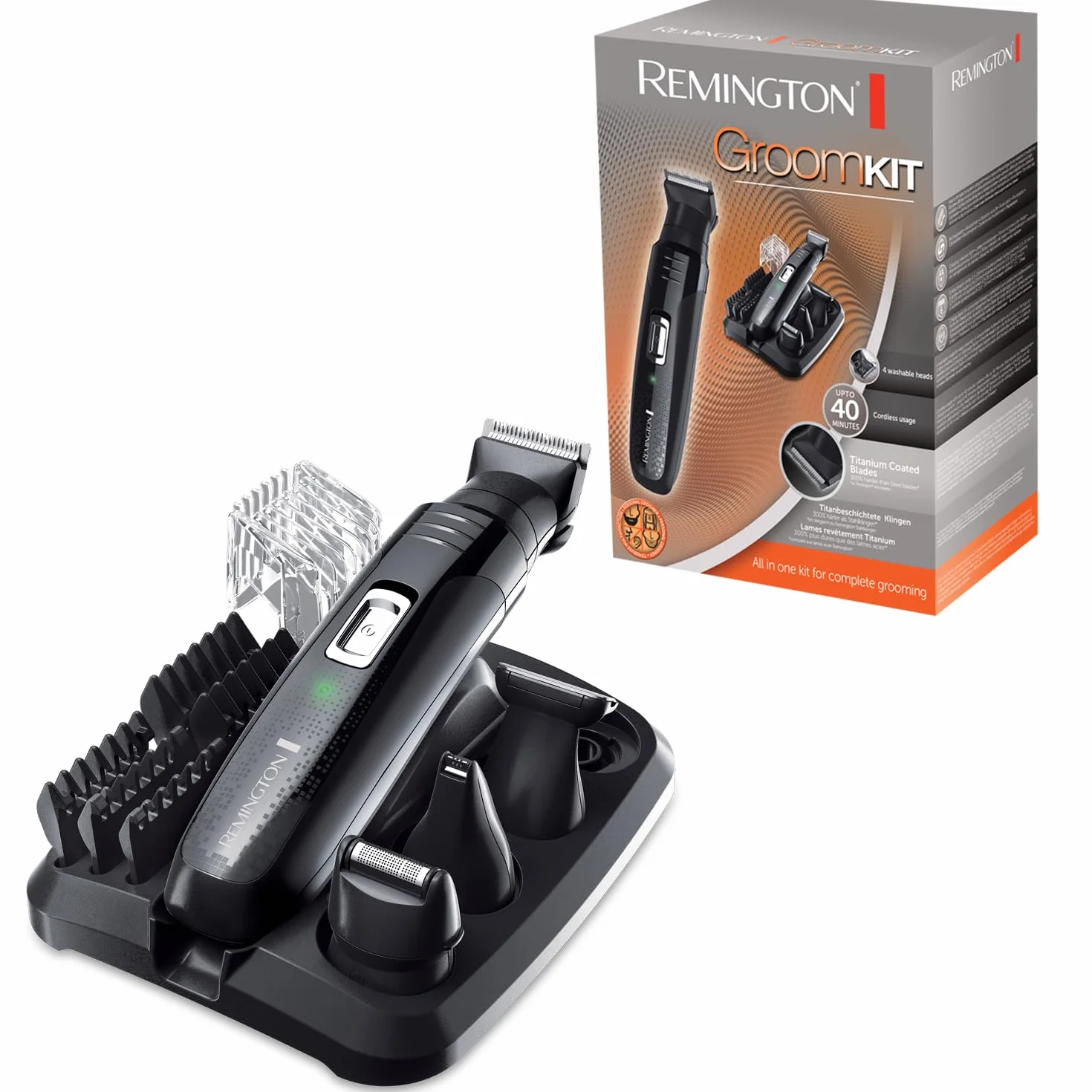 Remington Recortadora de Barba y Cortapelos Groomkit - Barbero y Máquina de Cortar Pelo Inalámbrico, Revestimiento de Titanio, 10 Accesorios, Base de Almacenamiento, 40 min Autonomía - PG6130