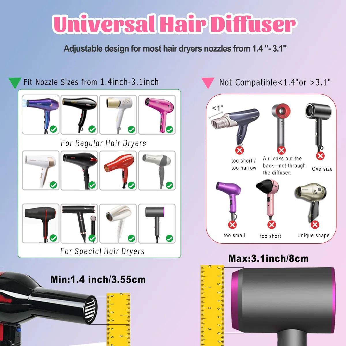 Difusor Universal para Secador de Pelo (3,5-8 cm) – Adaptador Profesional Apto para Método Curly – Definición de Rizos sin Frizz y Volumen Extra – Ajuste Seguro para Viaje y Hotel – Negro