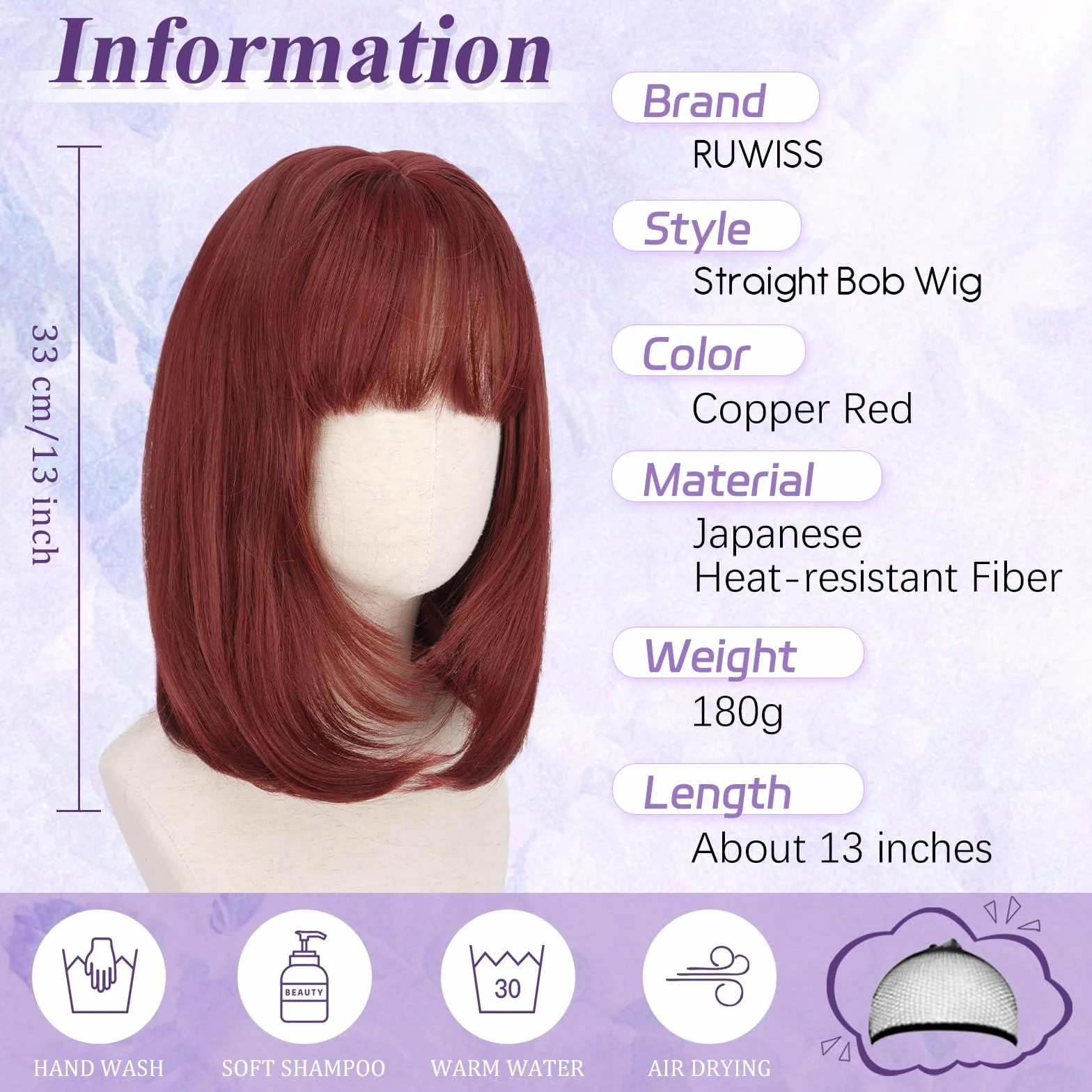 RUWISS Corta Rectas Bob Pelucas con Flequillo, 35 cm Rojo Cobrizo Bob Peluca Clásica y Versátil para Mujer Pelucas de Pelo Sintético en Capas para Uso Diario Cosplay Fiestas en Festival de Música