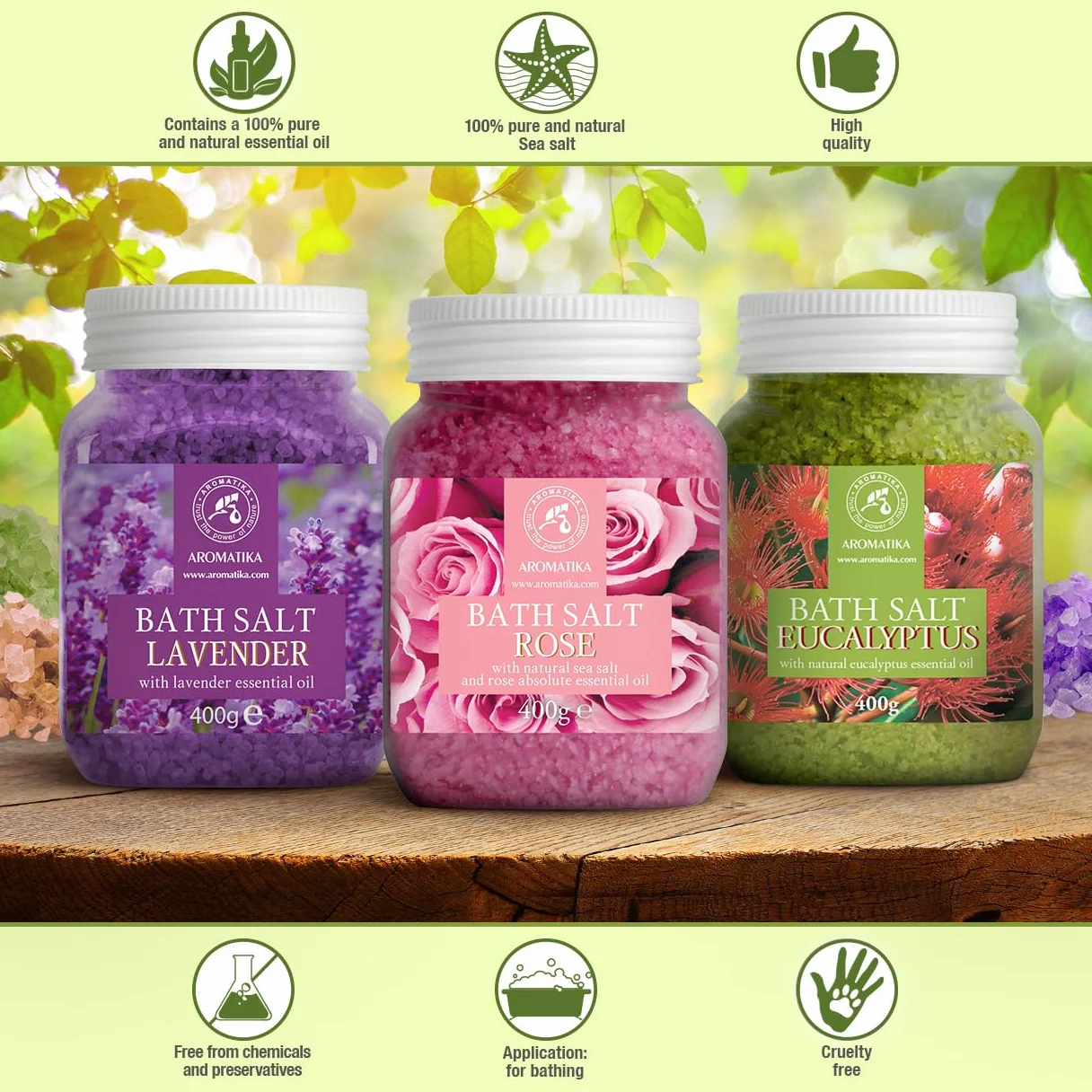 Sales de Baño Set 3x400g con Aceite 100% Natural Lavender - Rosas - Eucalipto - Mejor para Buen Sueño - Alivio del Estrés - Baño - Cuidado Corporal - Bienestar - Belleza - Relajación - Spa