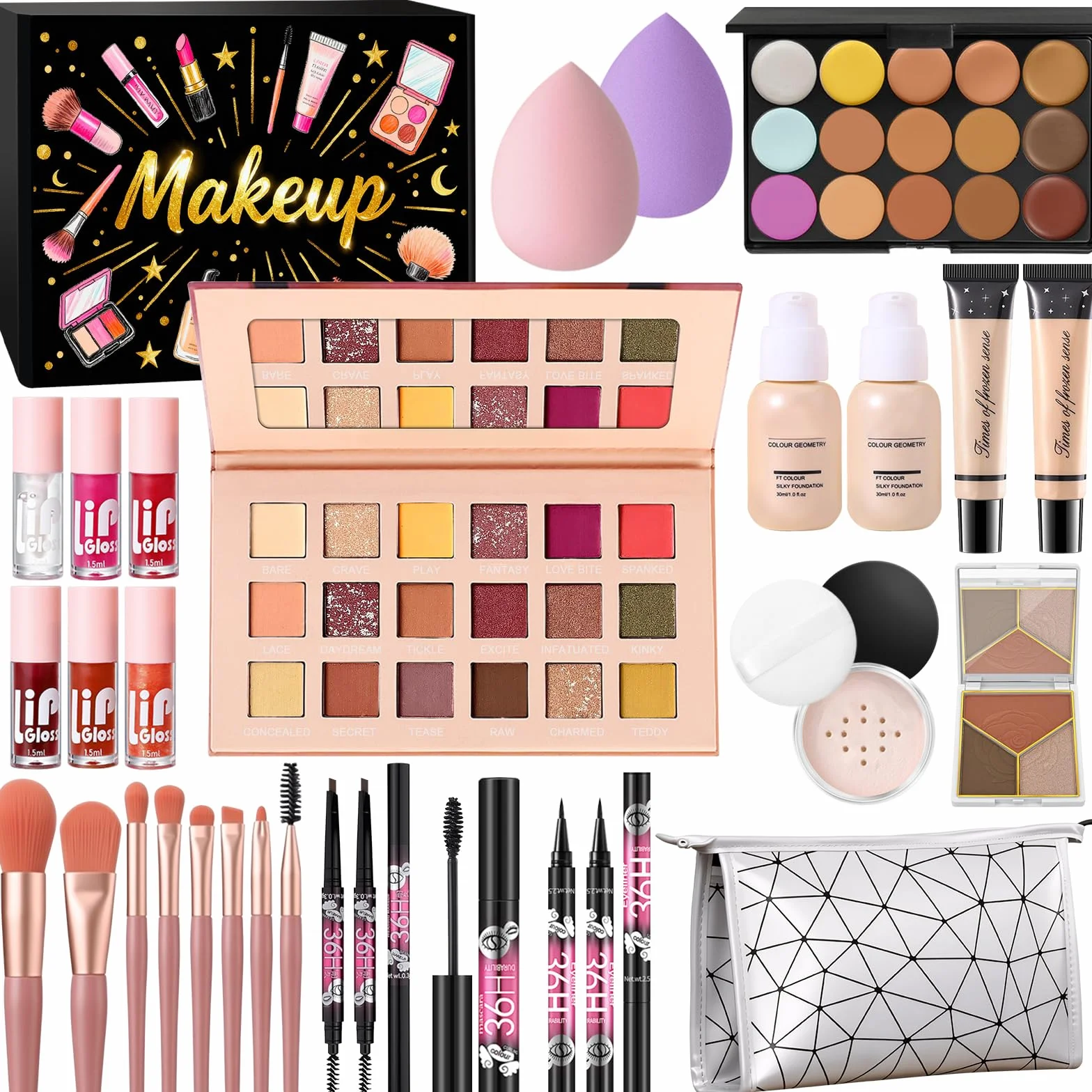 Set Maquillaje Mujer, Set Regalo Maquillaje Adolescente, Kit de Maquillaje Profesional Completo con Paleta Sombras de Ojos Corrector Contorno Base Líquida Eyeliner Mascara Gloss Labios Pinceles