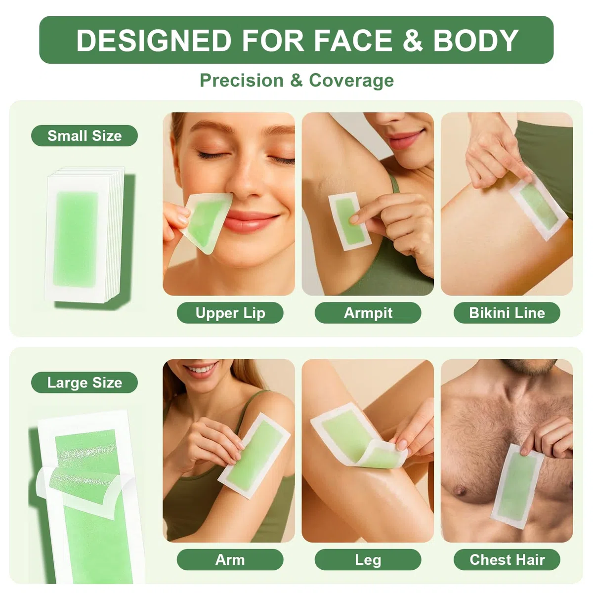 72 Piezas Bandas Depilatorias, Bandas para Depilación Con Cera, Cera Fría, Formulación Suave, Tiras Depilatorias Cera, para Piernas, Brazos y Zona Bikini, Verde